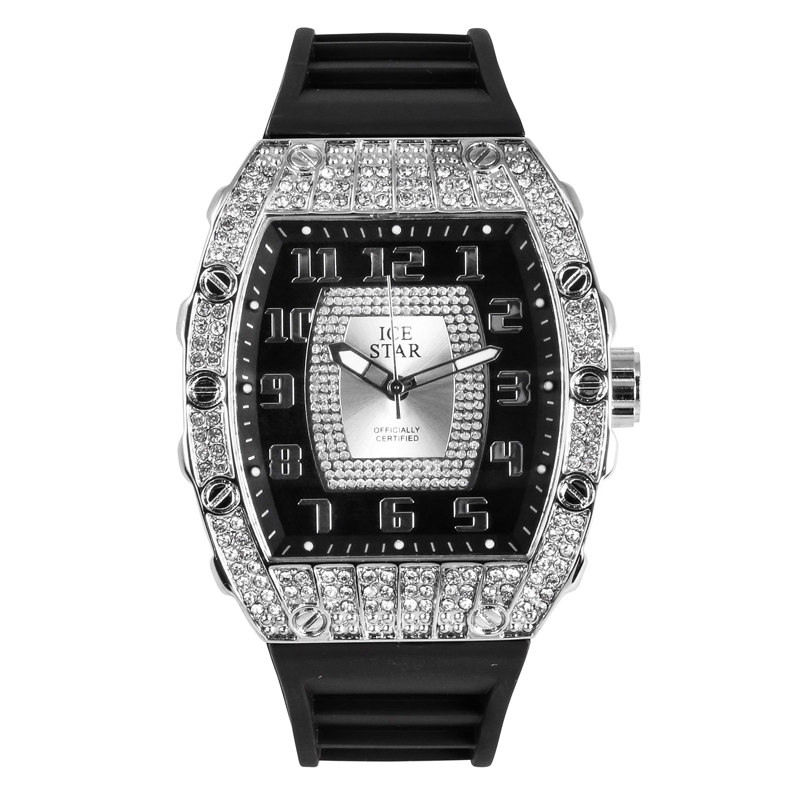 Men’s 41mm Iced Out Tonneau Watch - Silicone Band, Quartz Movement