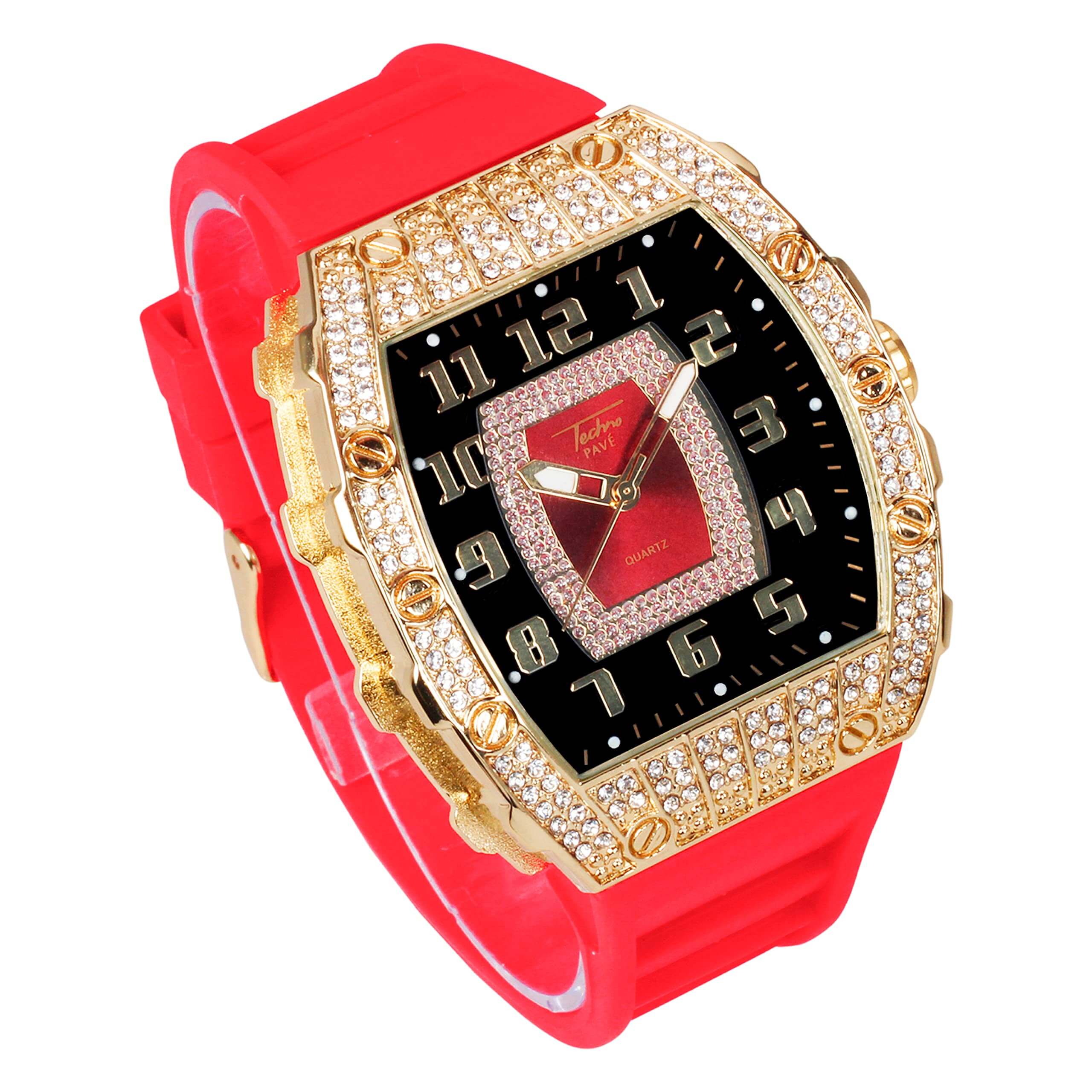 Men’s 41mm Iced Out Tonneau Watch - Silicone Band, Quartz Movement