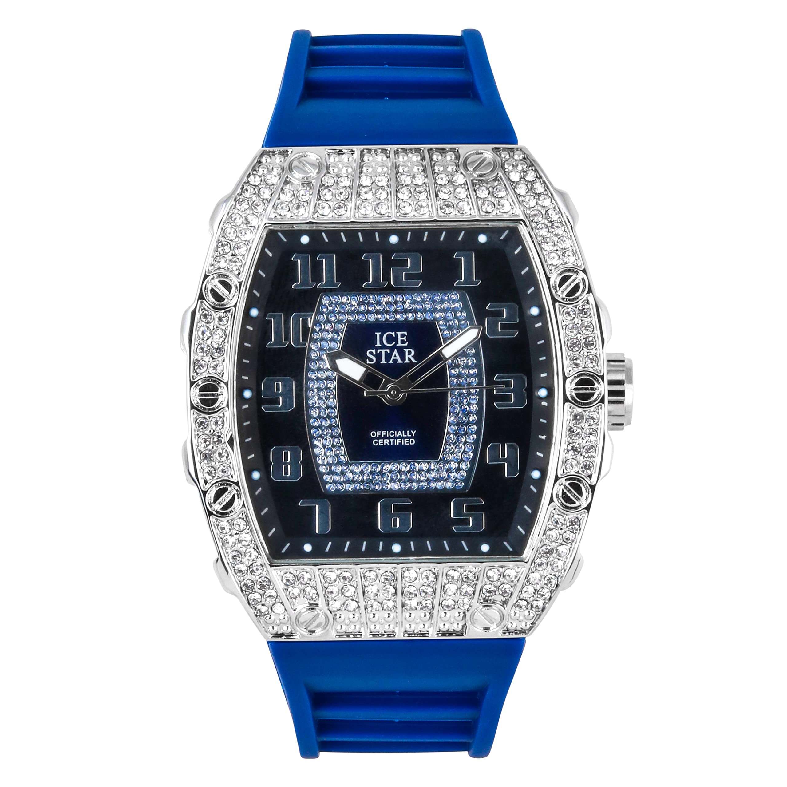 Men’s 41mm Iced Out Tonneau Watch - Silicone Band, Quartz Movement