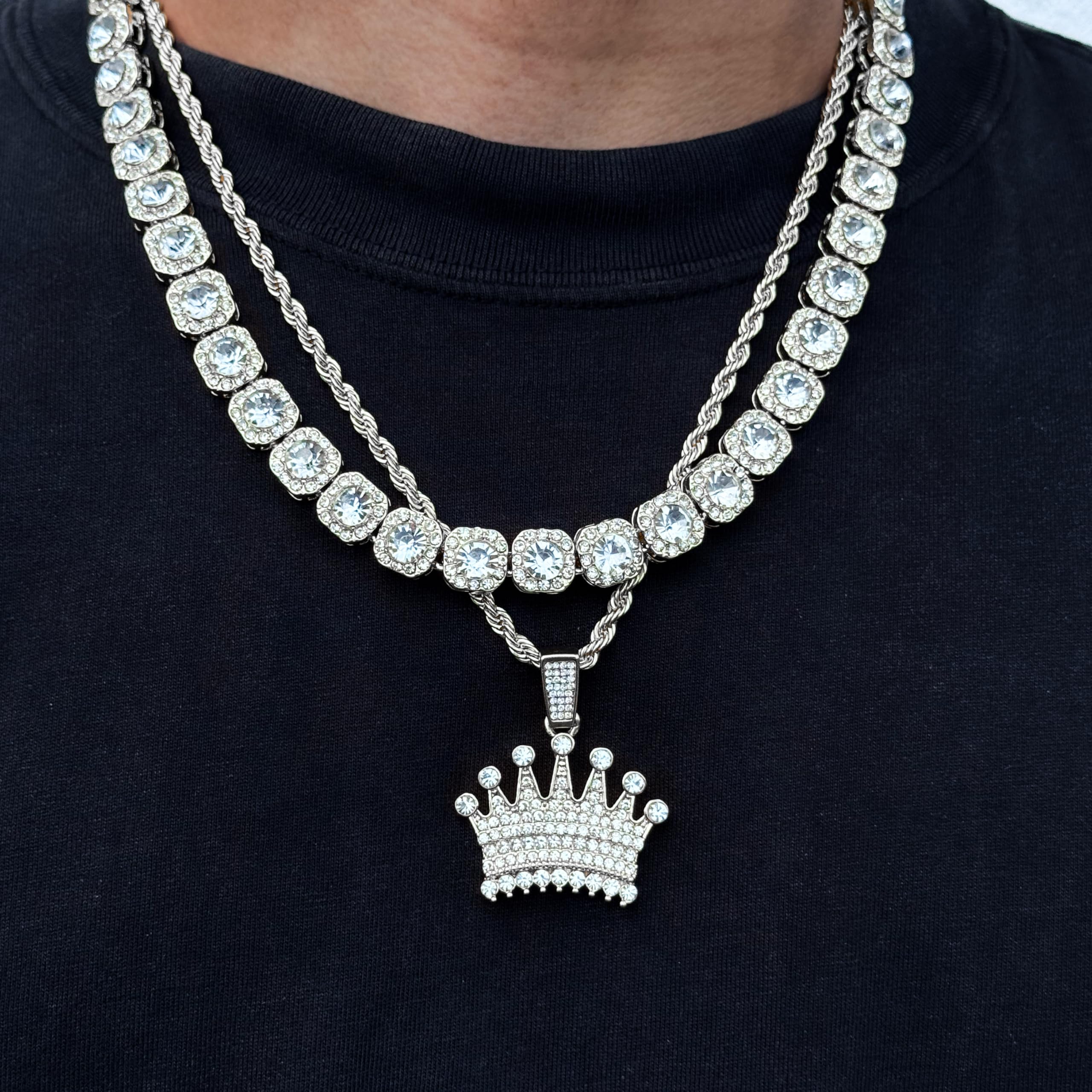 Men's Iced Out Pendant Necklace & Cluster Chain Set
