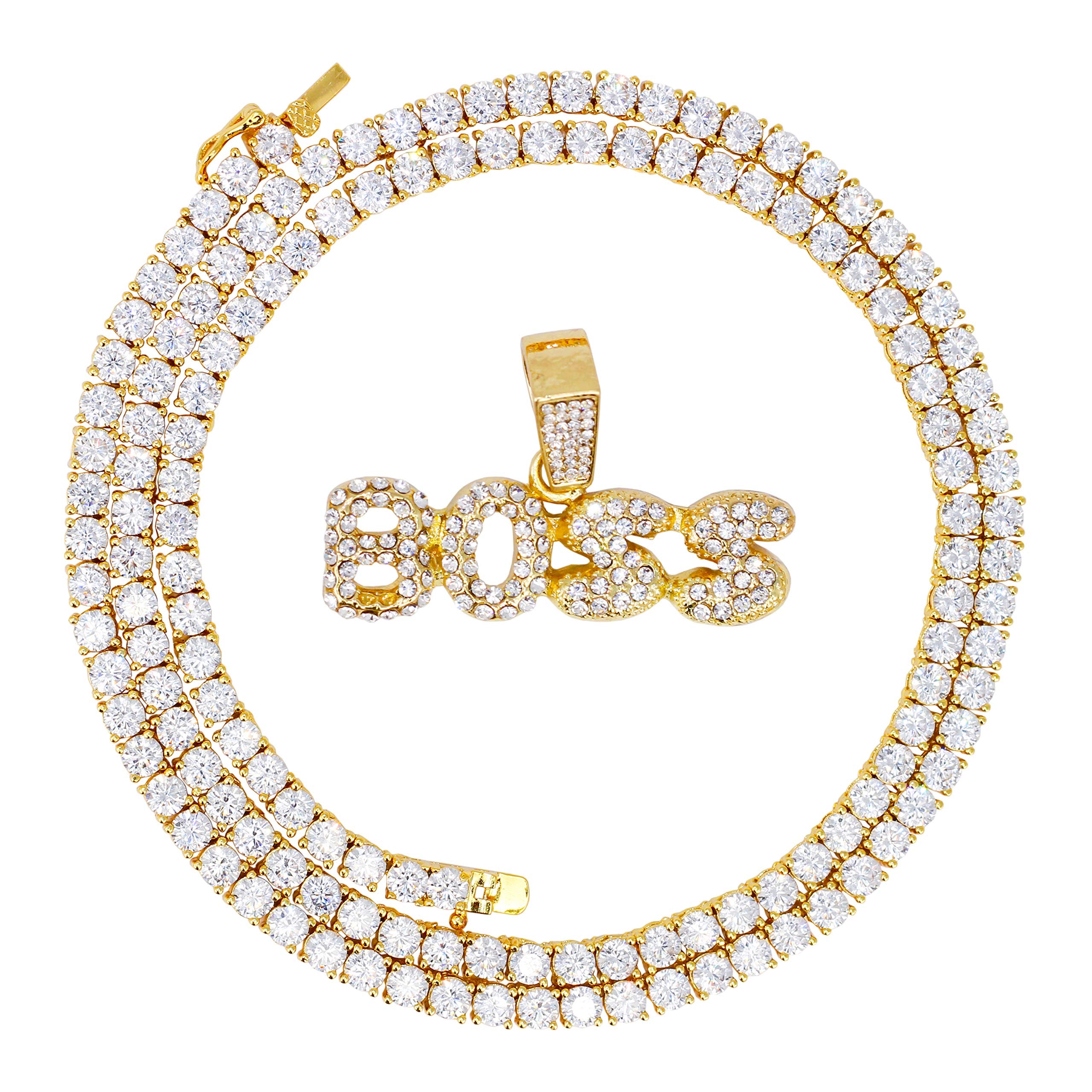 Iced Out Word Pendant Necklace with Tennis Chain – 20 Inches