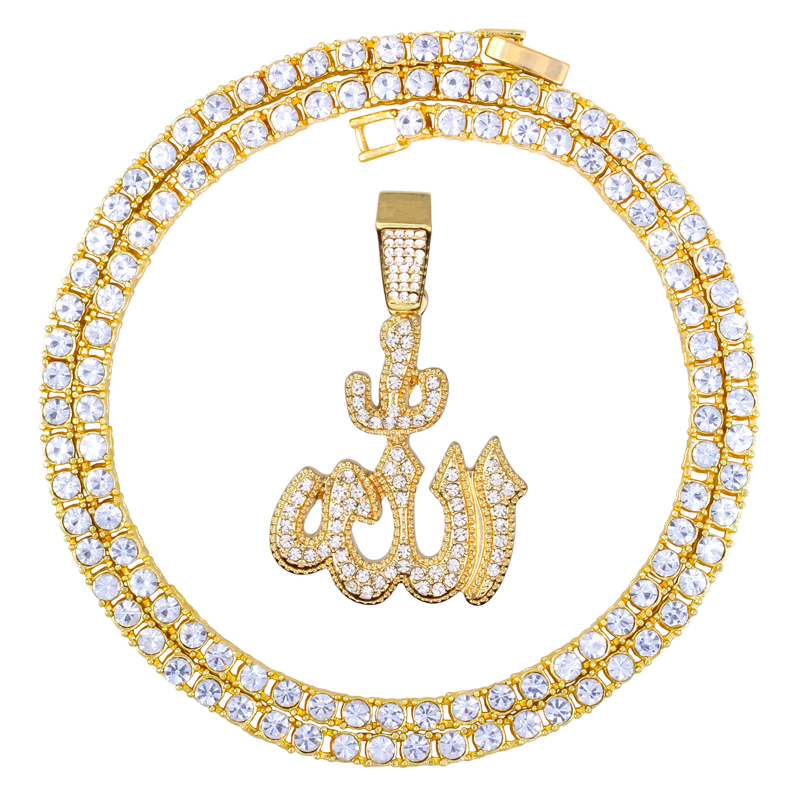 Iced Out Allah Pendant Necklace with Tennis Chain – 20 Inches