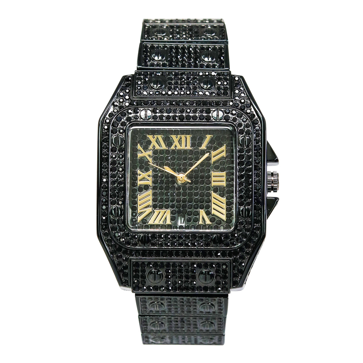 Men’s 43mm Iced Out Rectangular Roman Dial Watch - Metal Band, Quartz Movement