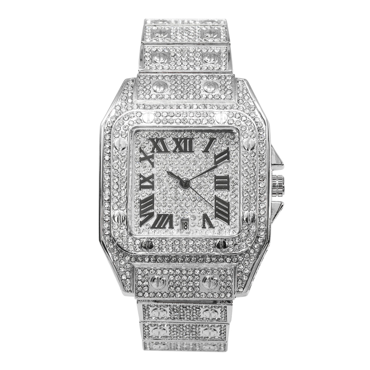Men’s 43mm Iced Out Rectangular Roman Dial Watch - Metal Band, Quartz Movement