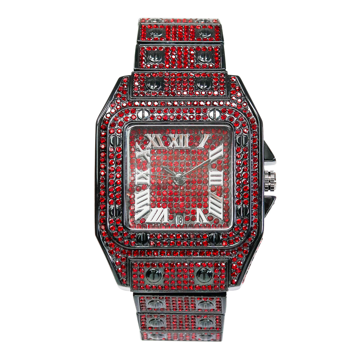 Men’s 43mm Iced Out Rectangular Roman Dial Watch - Metal Band, Quartz Movement