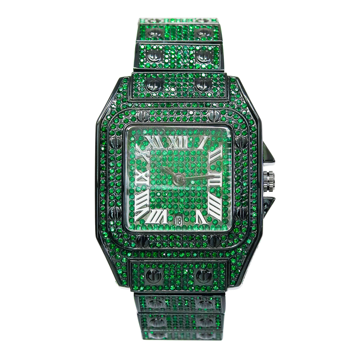 Men’s 43mm Iced Out Rectangular Roman Dial Watch - Metal Band, Quartz Movement