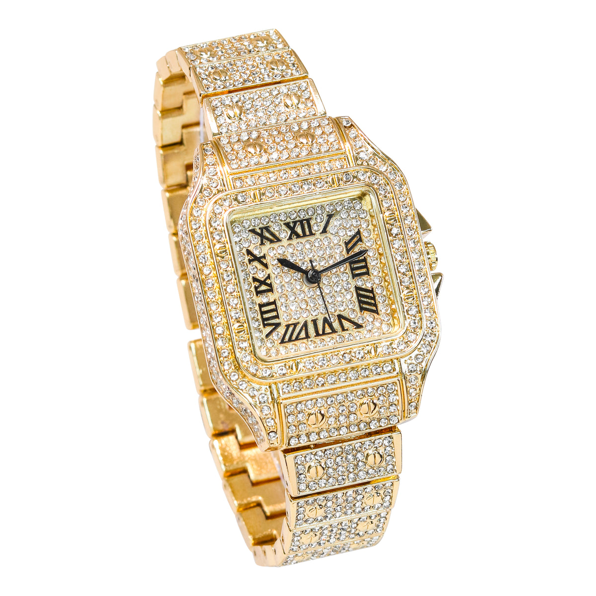 Women’s 36mm Iced Out Rectangular Roman Dial Watch - Metal Band, Quartz Movement