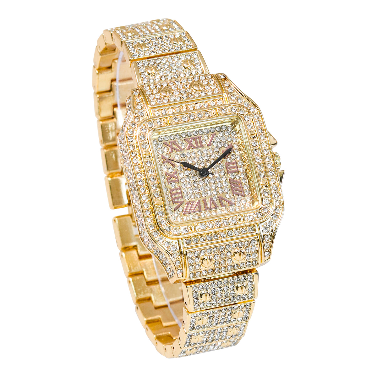 Women’s 36mm Iced Out Rectangular Roman Dial Watch - Metal Band, Quartz Movement