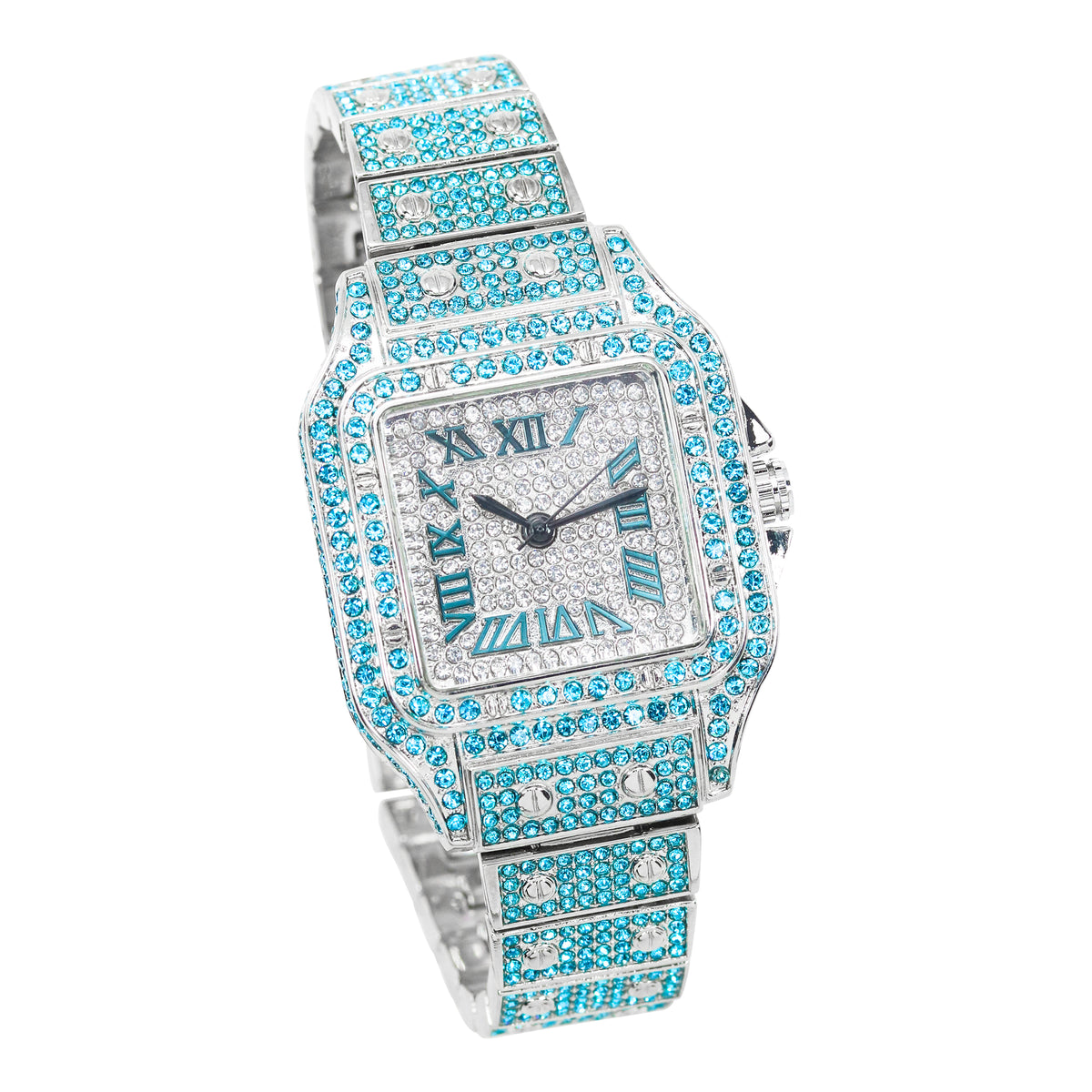 Women’s 36mm Iced Out Rectangular Roman Dial Watch - Metal Band, Quartz Movement