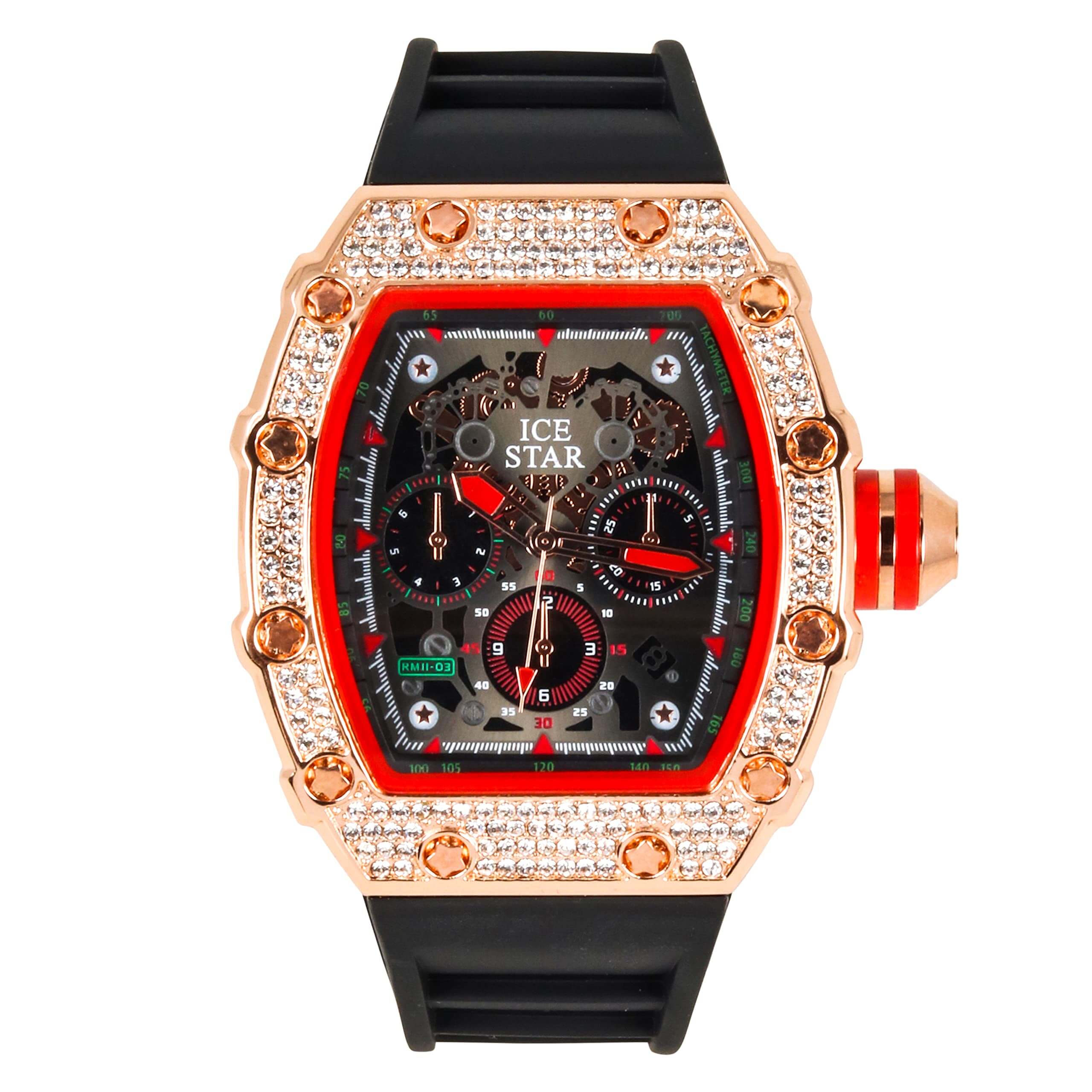 Men’s 45mm Iced Out Tonneau Watch - Silicone Band, Quartz Movement