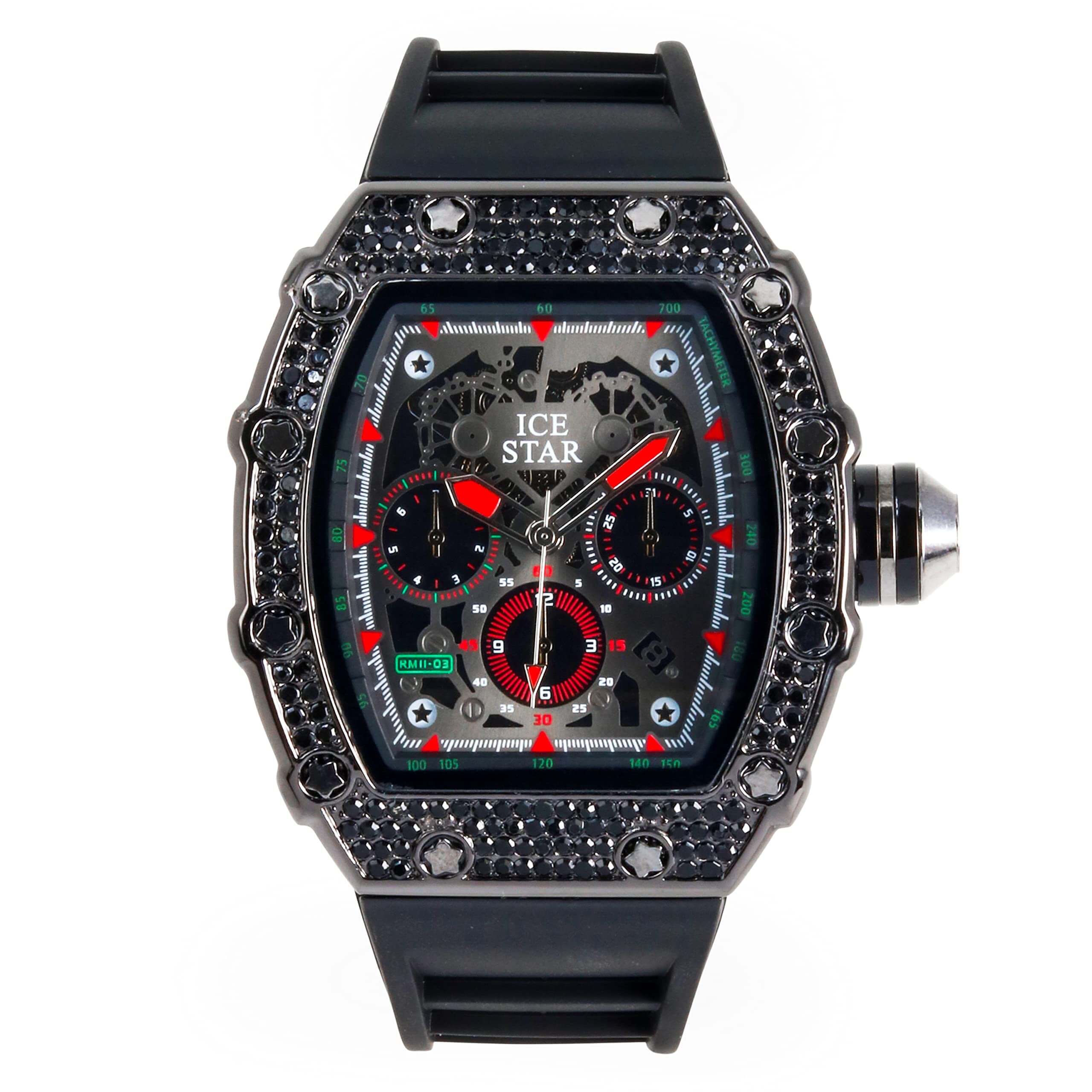 Men’s 45mm Iced Out Tonneau Watch - Silicone Band, Quartz Movement
