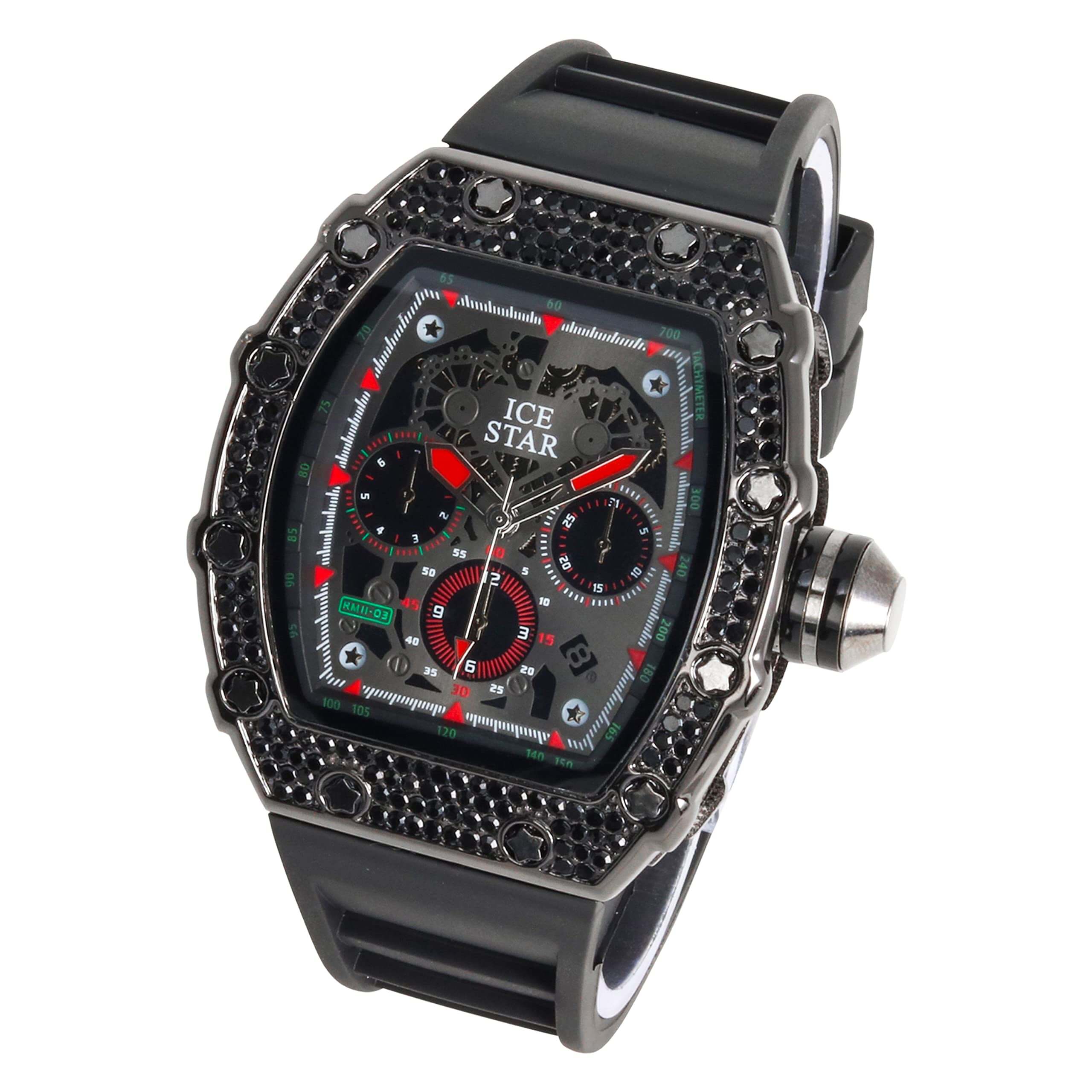 Men’s 45mm Iced Out Tonneau Watch - Silicone Band, Quartz Movement