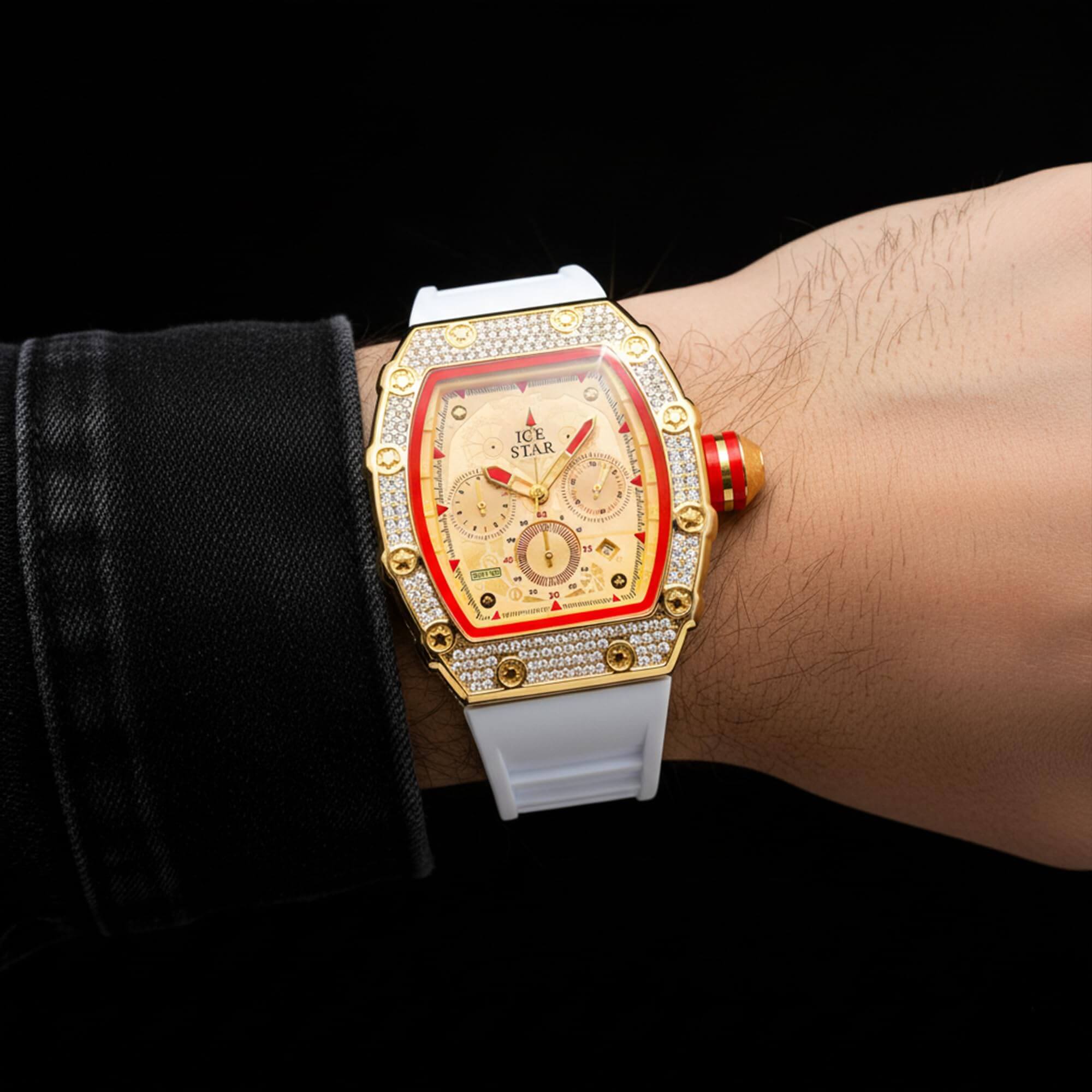 Men’s 45mm Iced Out Tonneau Watch - Silicone Band, Quartz Movement
