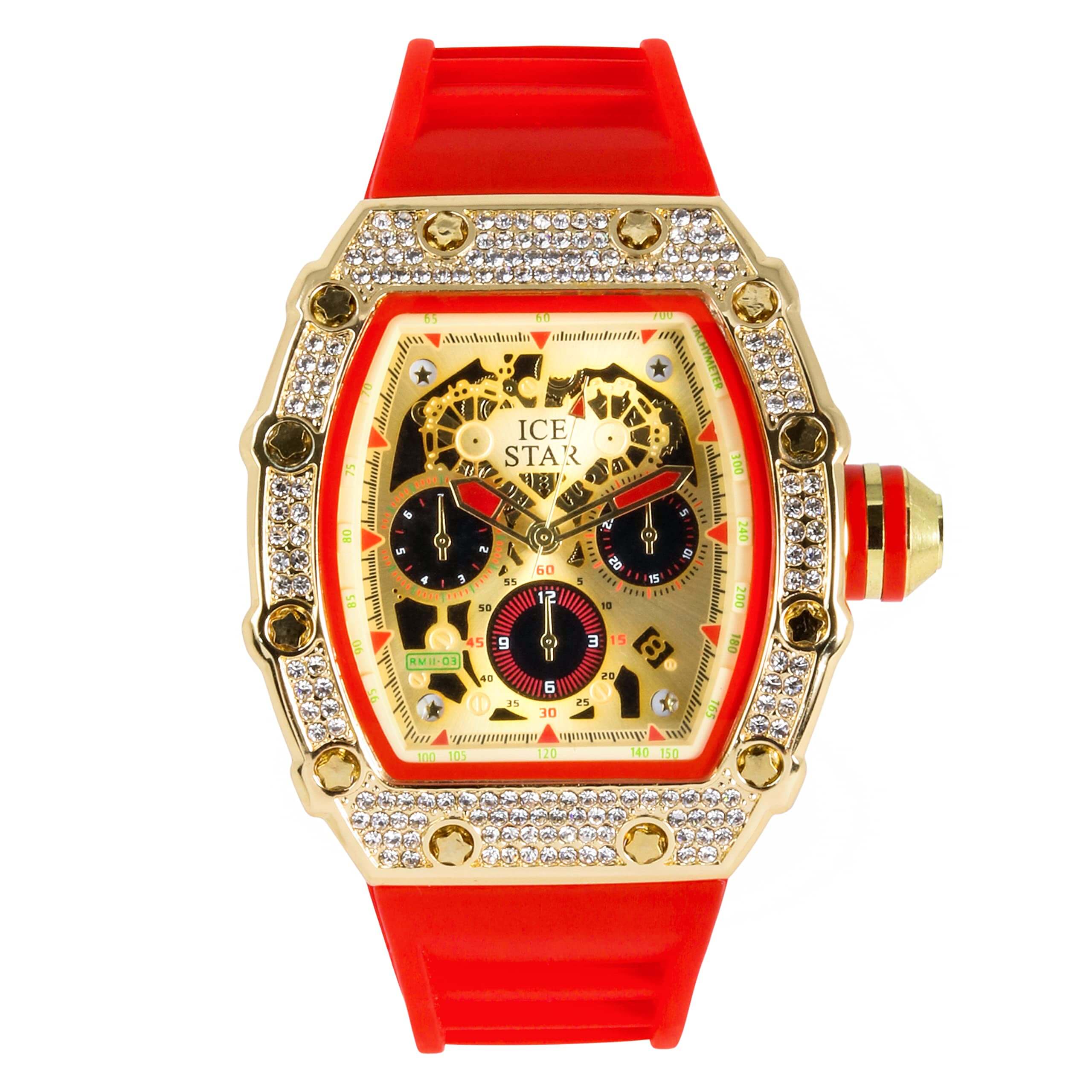 Men’s 45mm Iced Out Tonneau Watch - Silicone Band, Quartz Movement