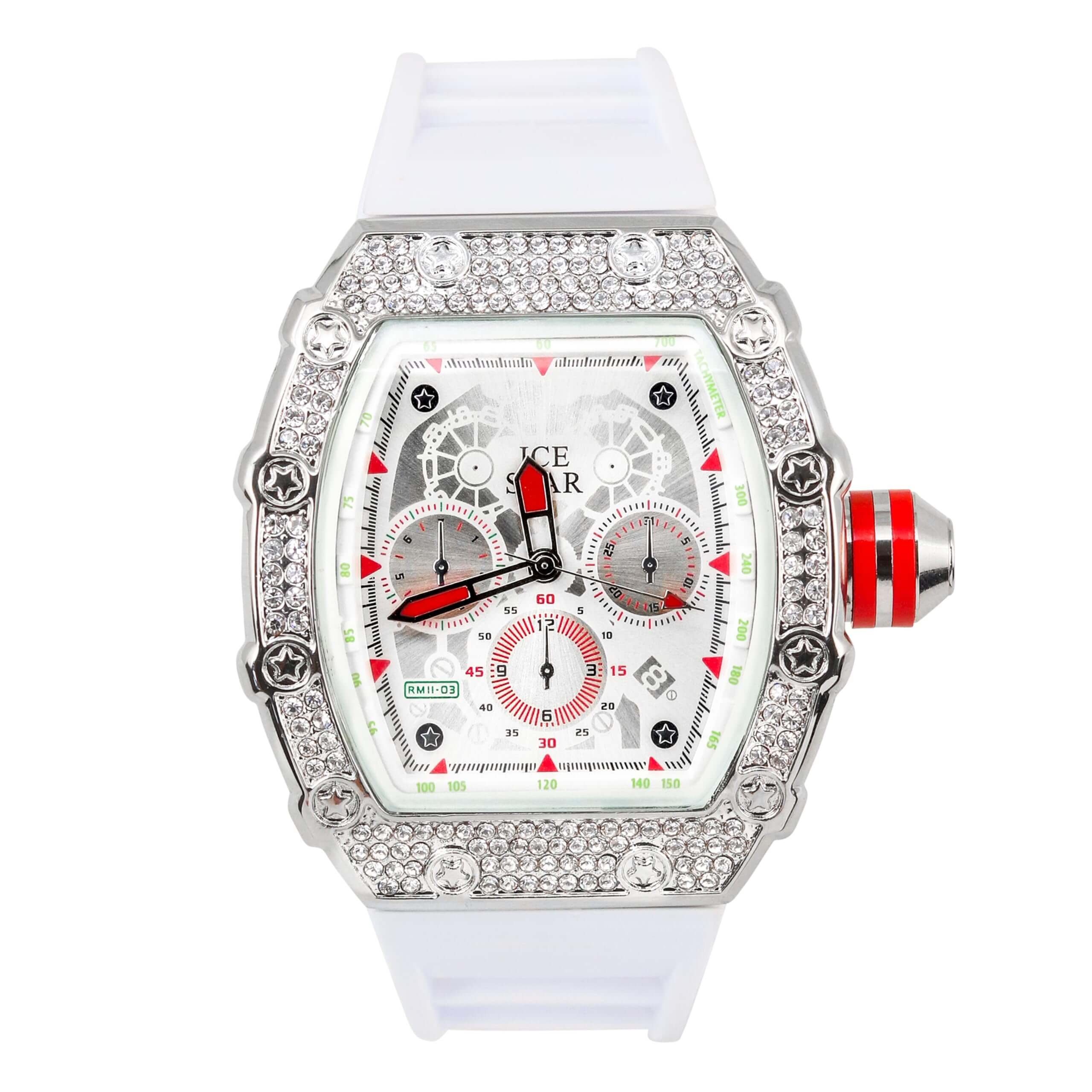 Men’s 45mm Iced Out Tonneau Watch - Silicone Band, Quartz Movement