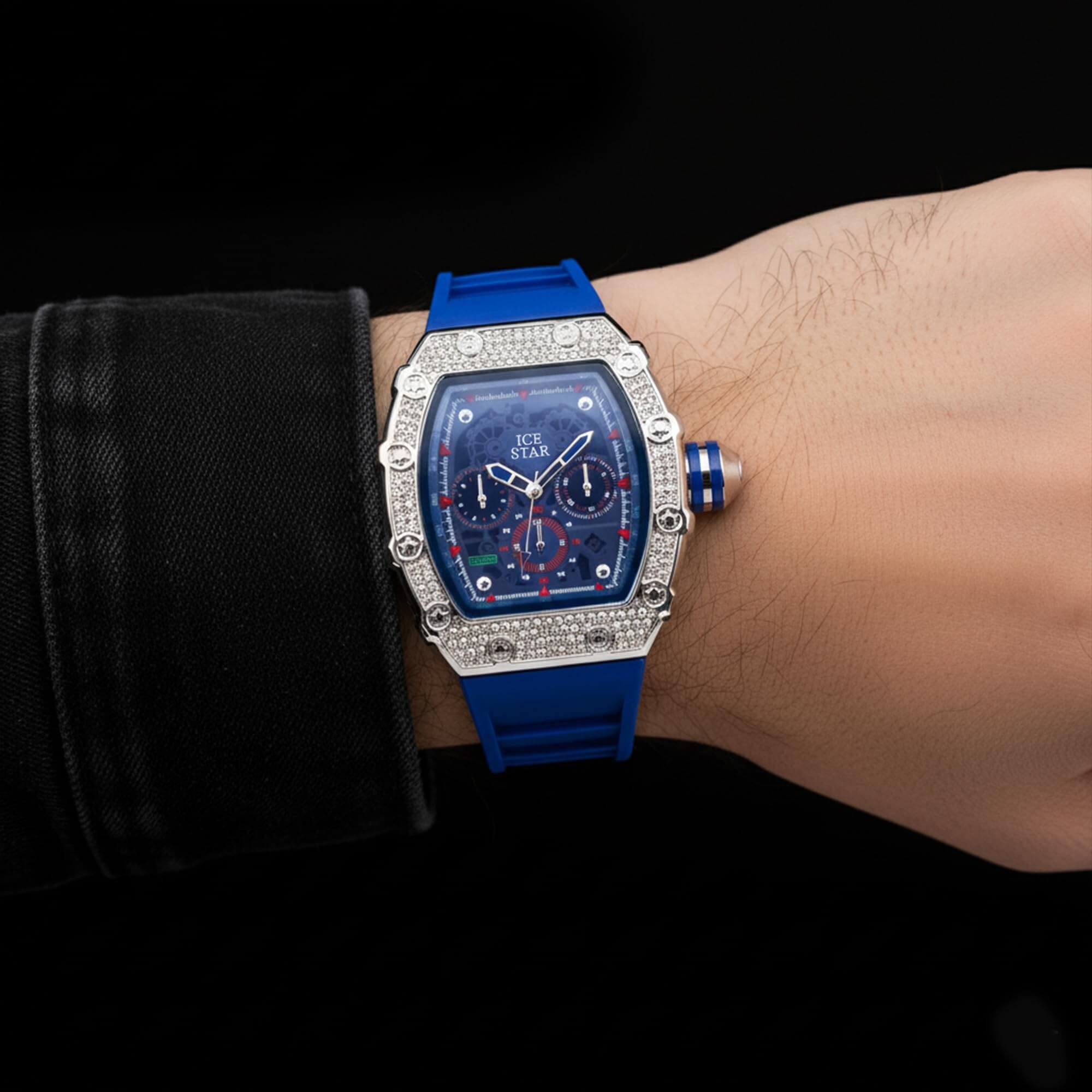 Men’s 45mm Iced Out Tonneau Watch - Silicone Band, Quartz Movement