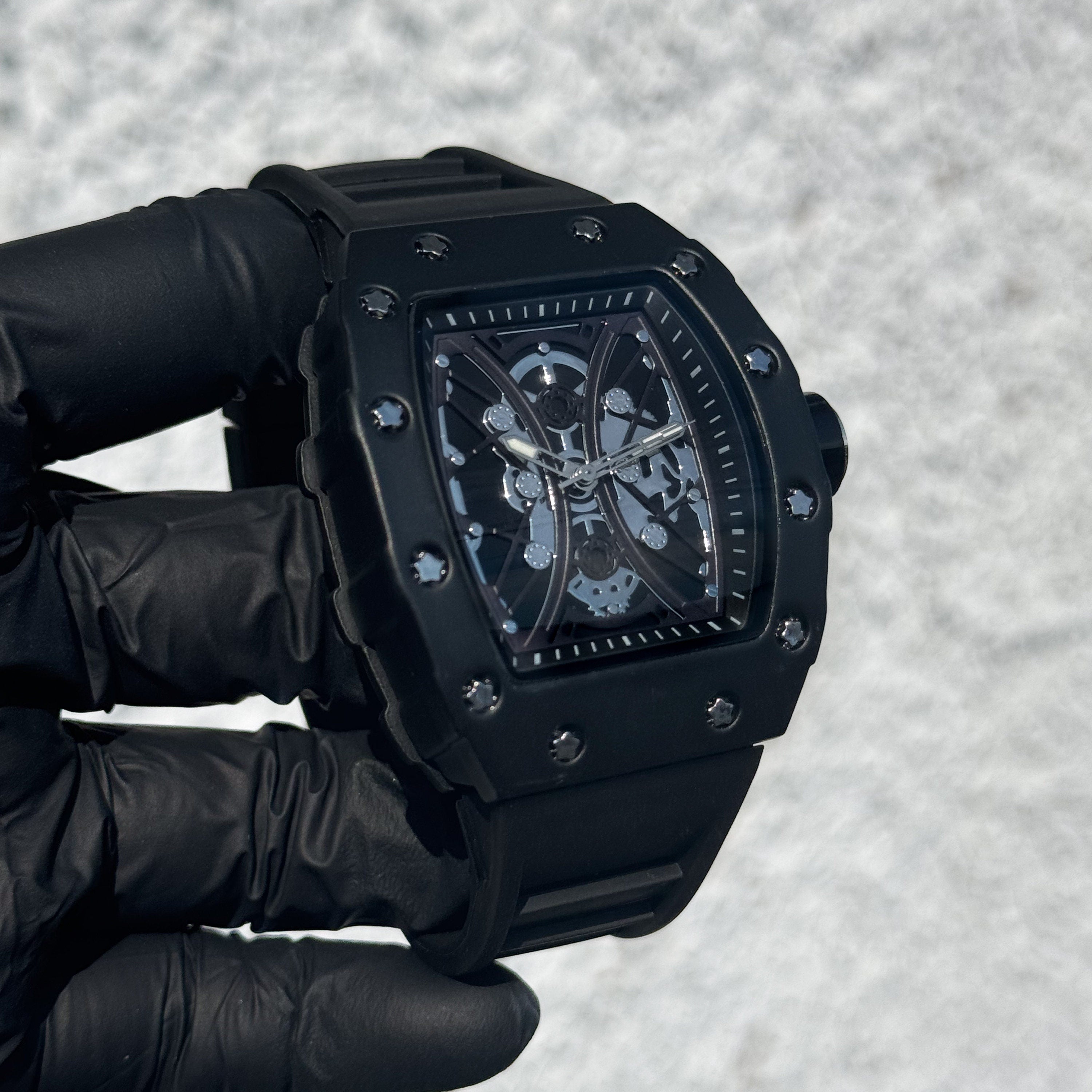 Men's 42mm Black Tonneau Watch - Skeleton Dial, Matte Finish, and Adjustable Silicone Band -  Quartz Movement