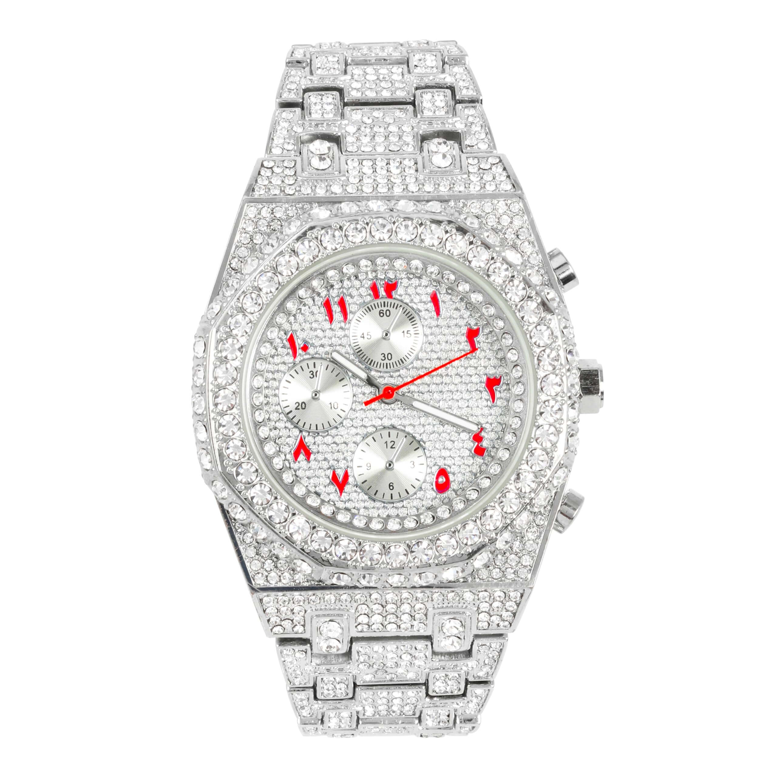 Men's 43mm Luxury Iced Out Watch with Fully Iced Band - Quartz Movement, Octagon Bezel, Arabic Dial - Diamond-Encrusted Timepiece