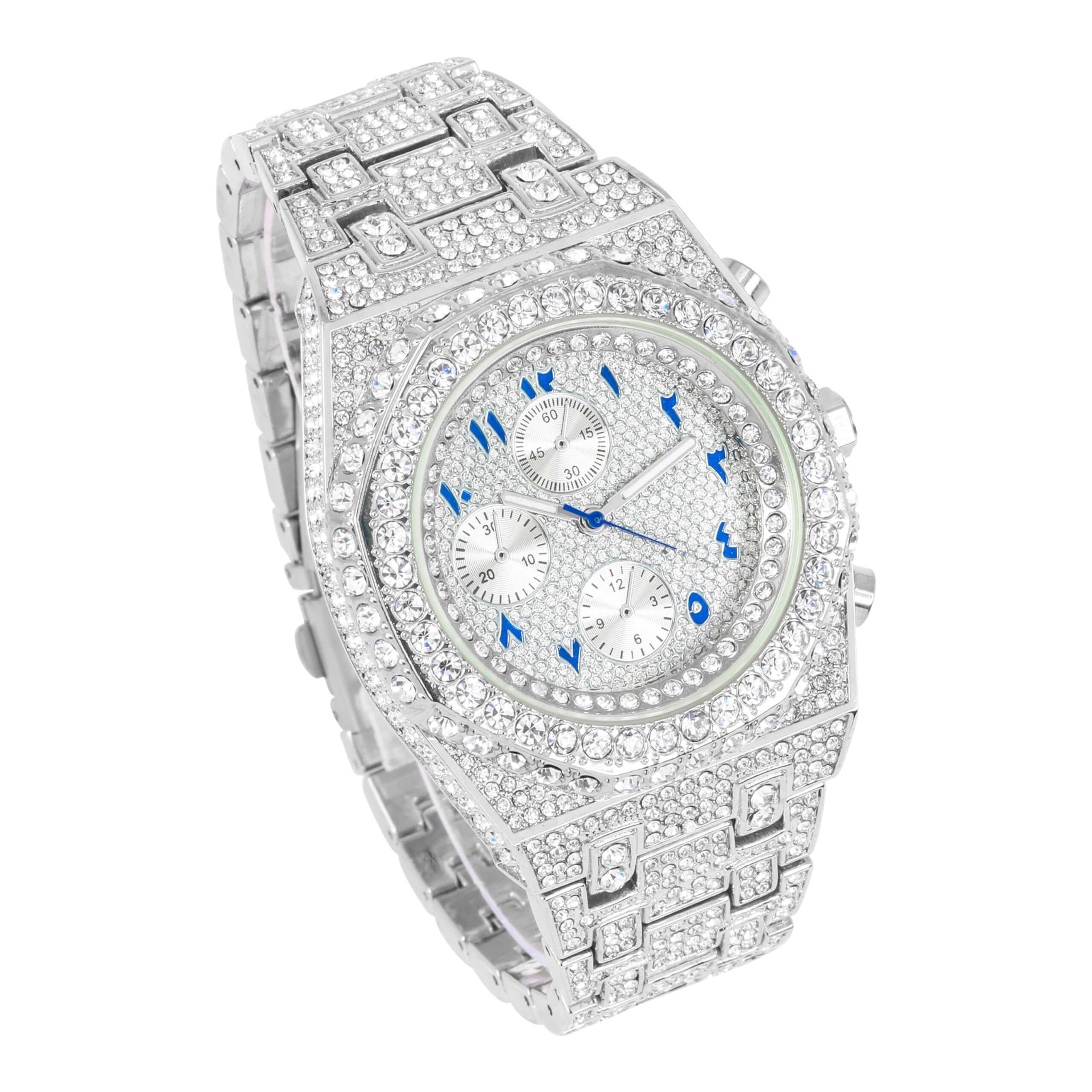 Men's 43mm Luxury Iced Out Watch with Fully Iced Band - Quartz Movement, Octagon Bezel, Arabic Dial - Diamond-Encrusted Timepiece