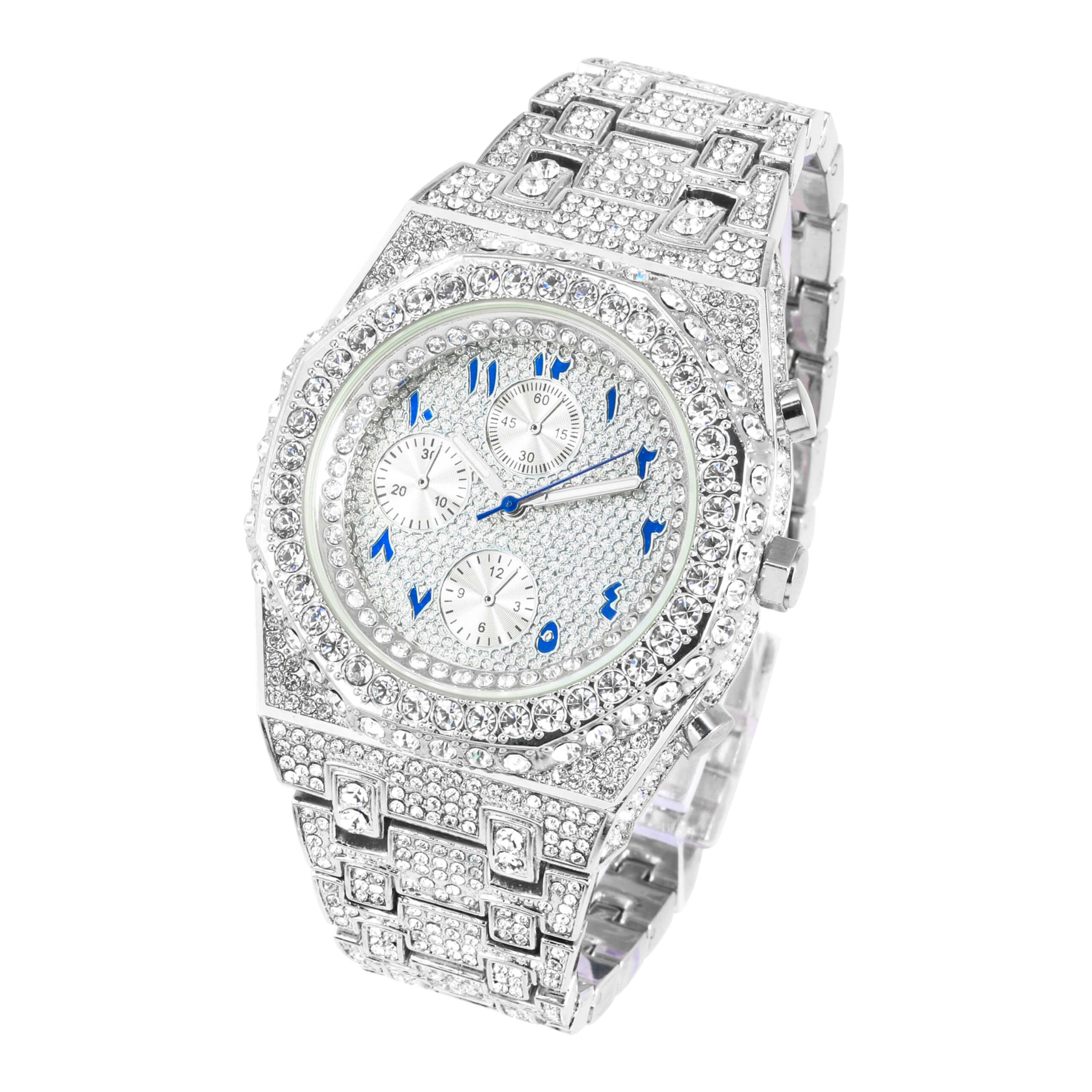 Men's 43mm Luxury Iced Out Watch with Fully Iced Band - Quartz Movement, Octagon Bezel, Arabic Dial - Diamond-Encrusted Timepiece