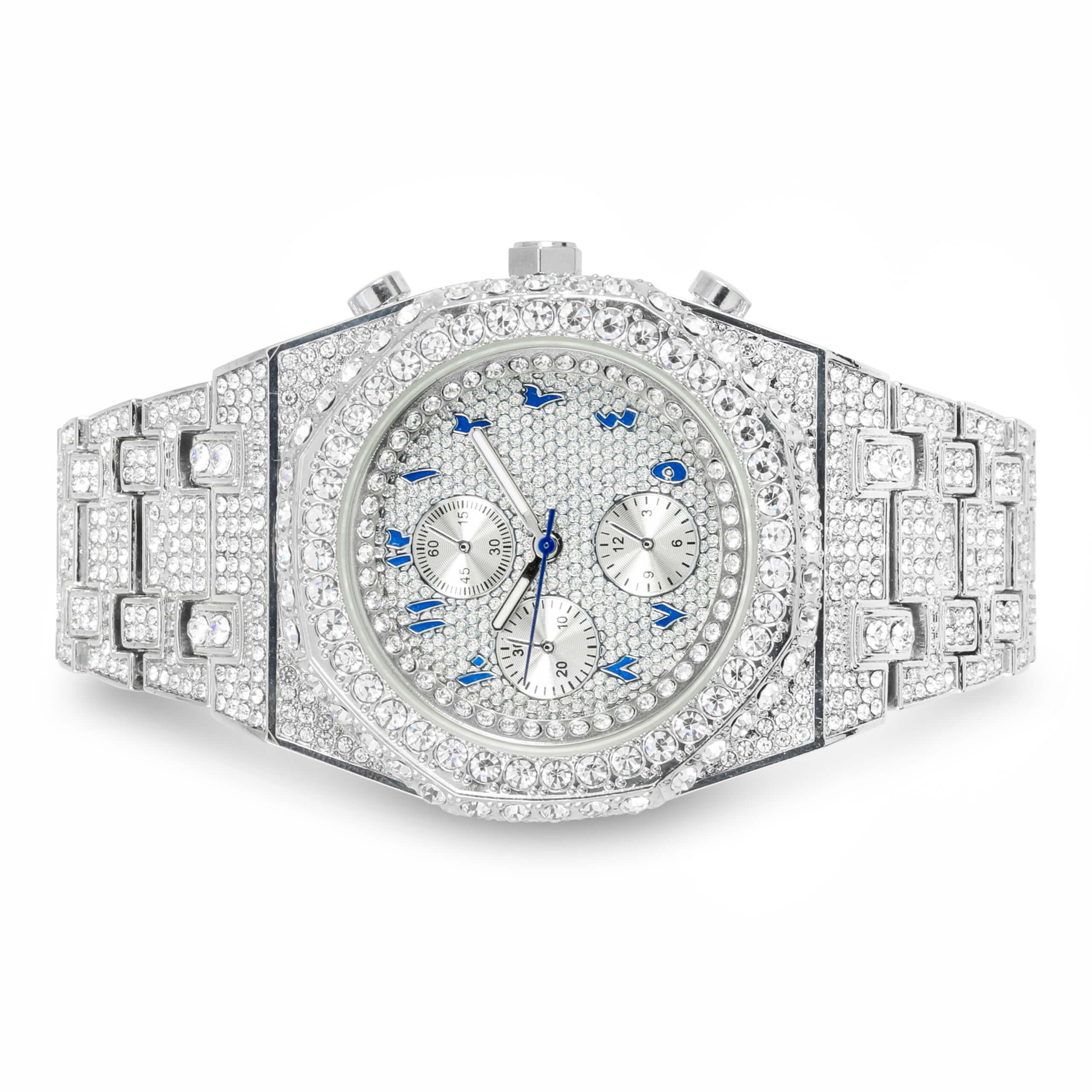 Men's 43mm Luxury Iced Out Watch with Fully Iced Band - Quartz Movement, Octagon Bezel, Arabic Dial - Diamond-Encrusted Timepiece
