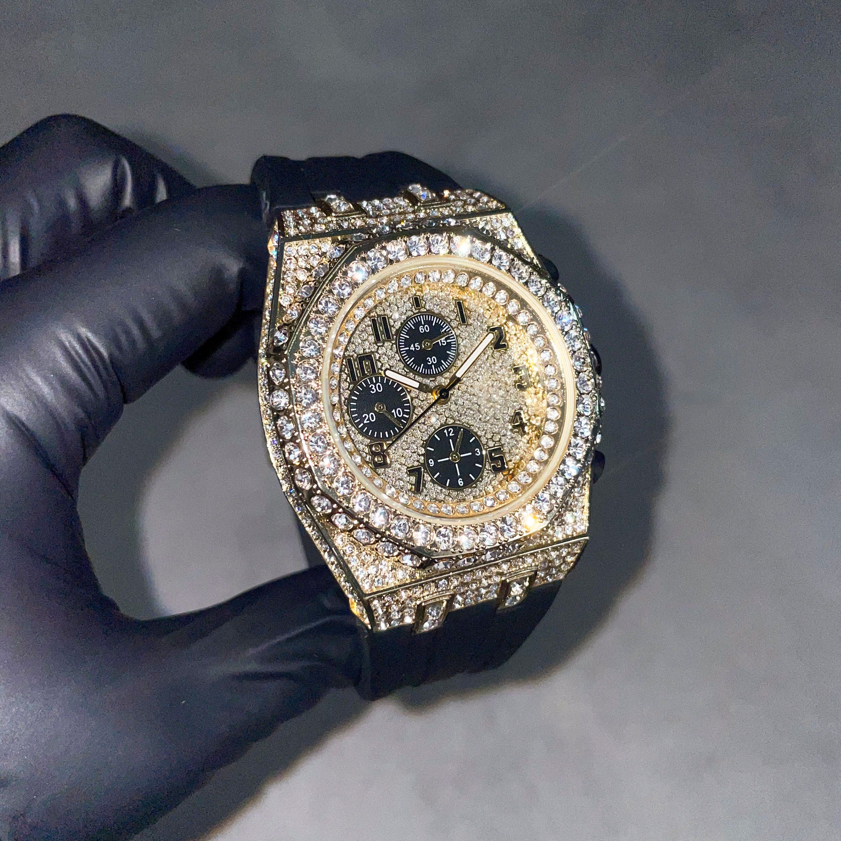 Men's 43mm Silicone Band Diamond Watch - Iced out Octagon Bezel - Quartz Movement