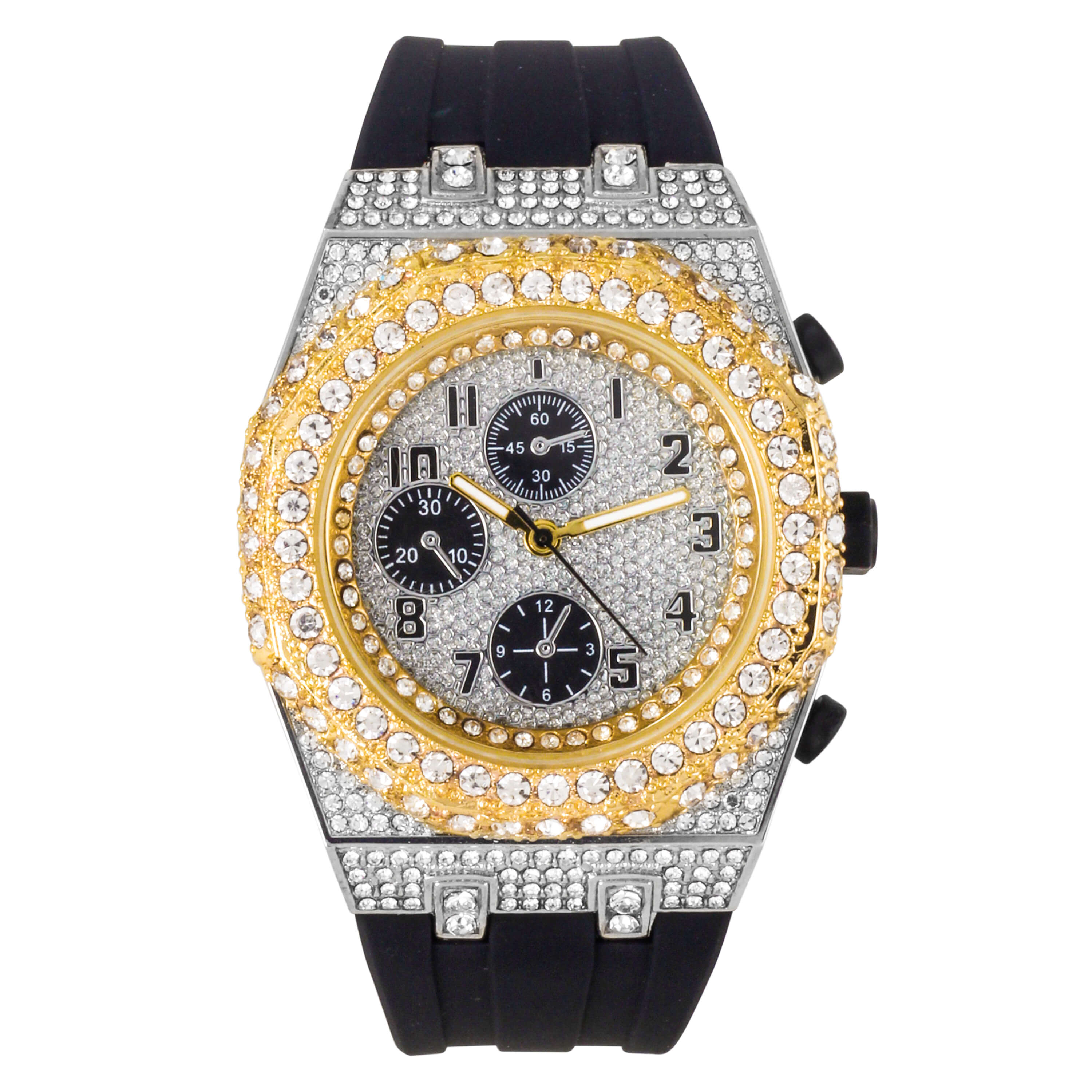 Men's 43mm Silicone Band Diamond Watch - Iced out Octagon Bezel - Quartz Movement