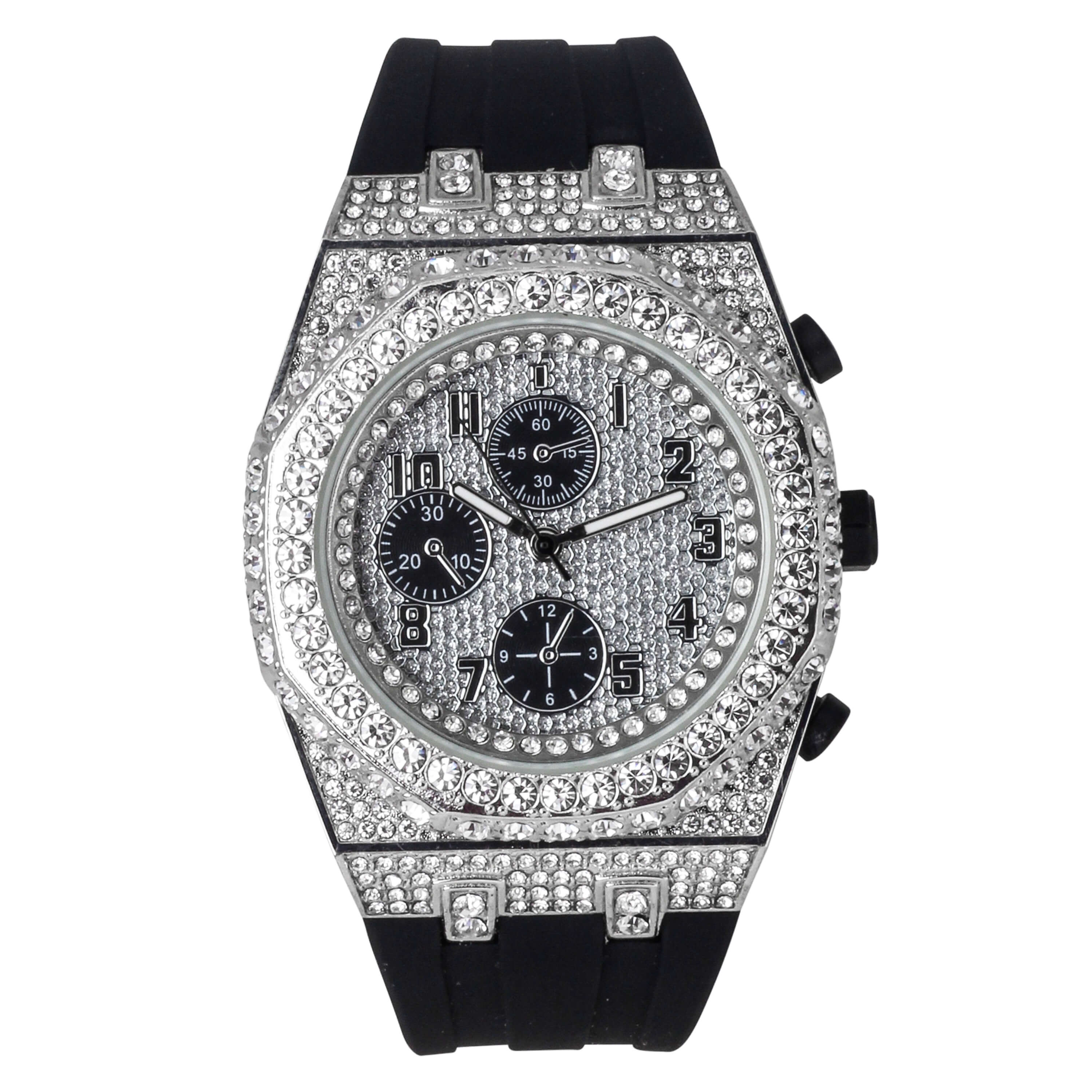 Men's 43mm Silicone Band Diamond Watch - Iced out Octagon Bezel - Quartz Movement