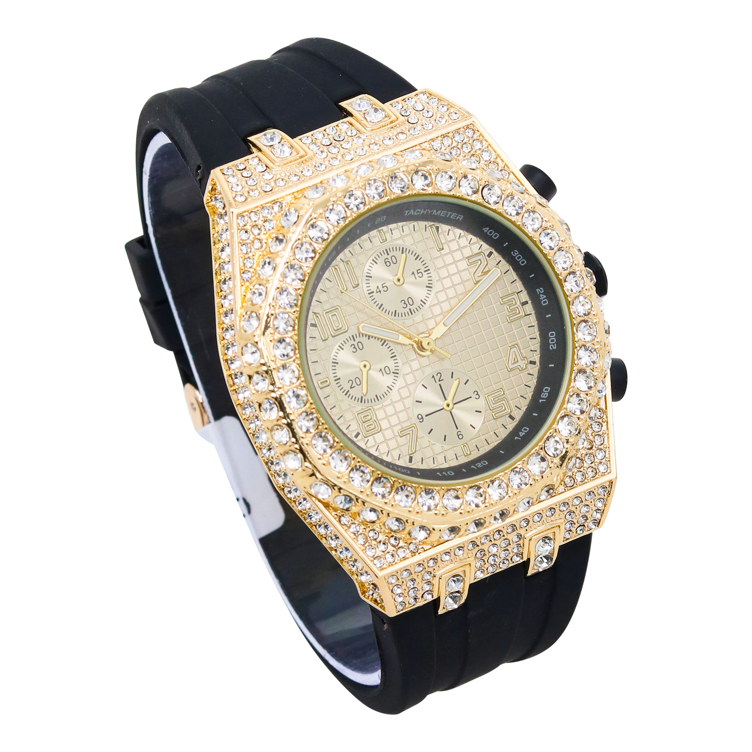 Men's 43mm Iced Out Bezel Octagon Watch - Silicone Band, Quartz Movement