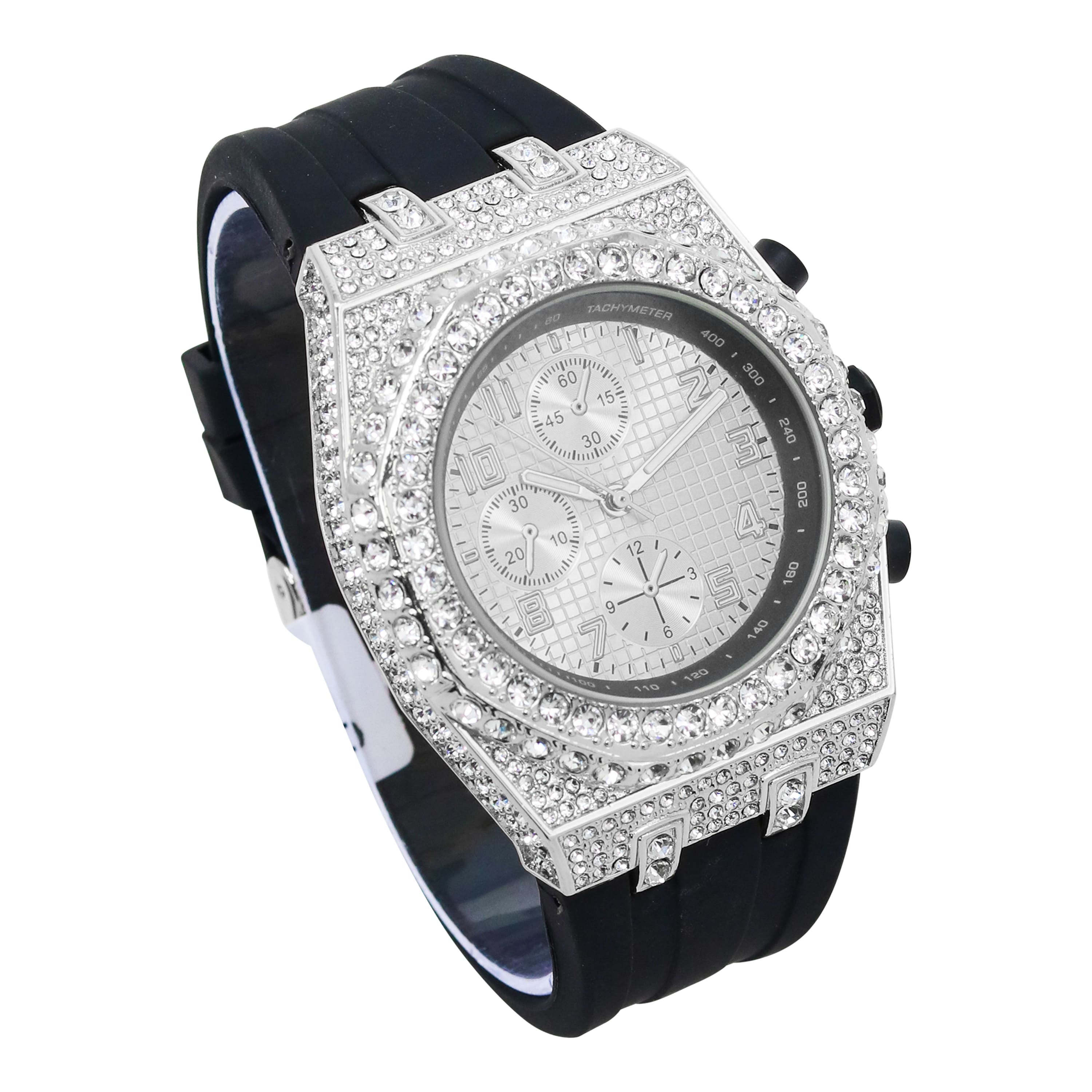 Men's 43mm Iced Out Bezel Octagon Watch - Silicone Band, Quartz Movement