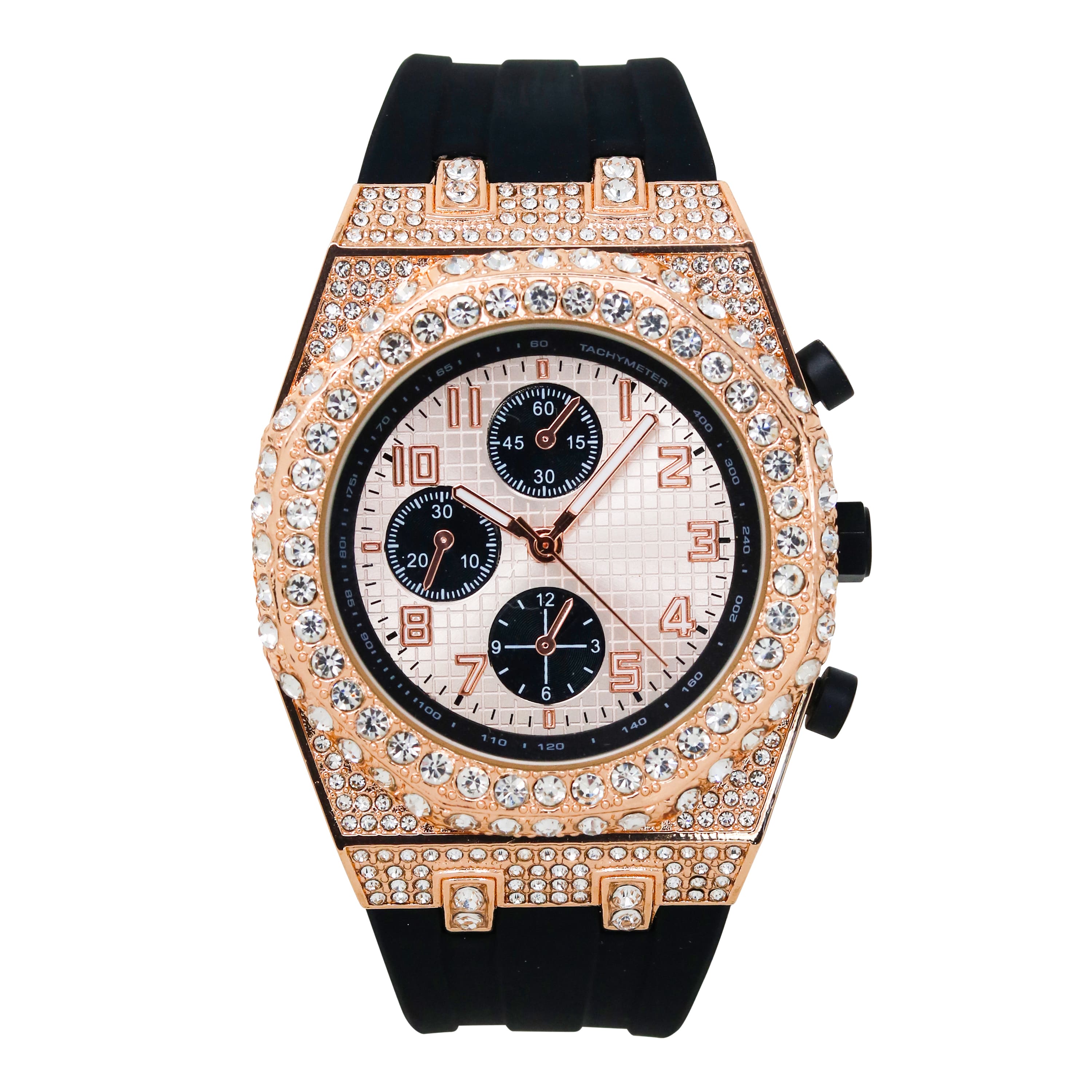 Men's 43mm Iced Out Bezel Octagon Watch - Silicone Band, Quartz Movement