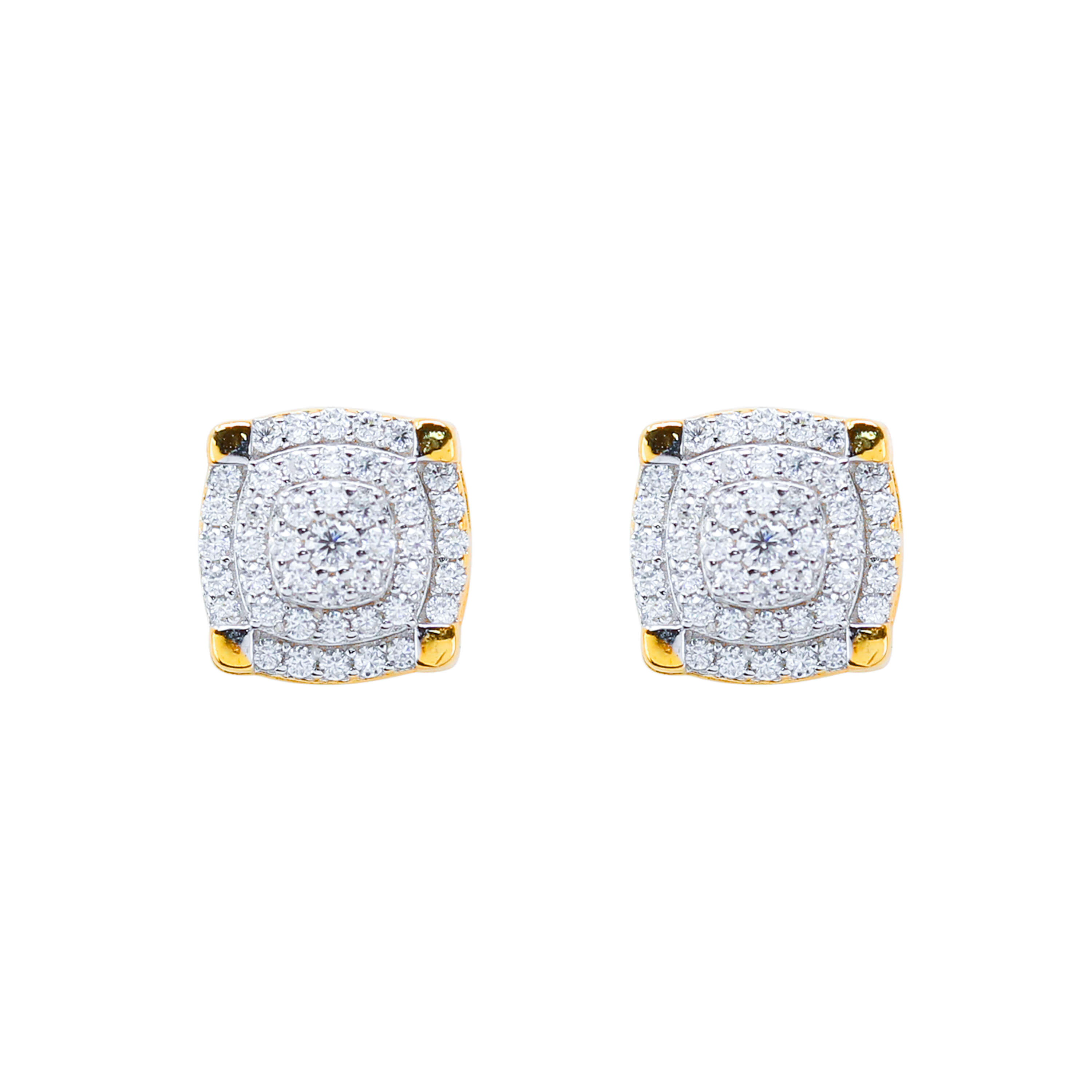 9mm moissanite cluster earrings with 0.5ct diamond studs and gold accents in sterling silver.