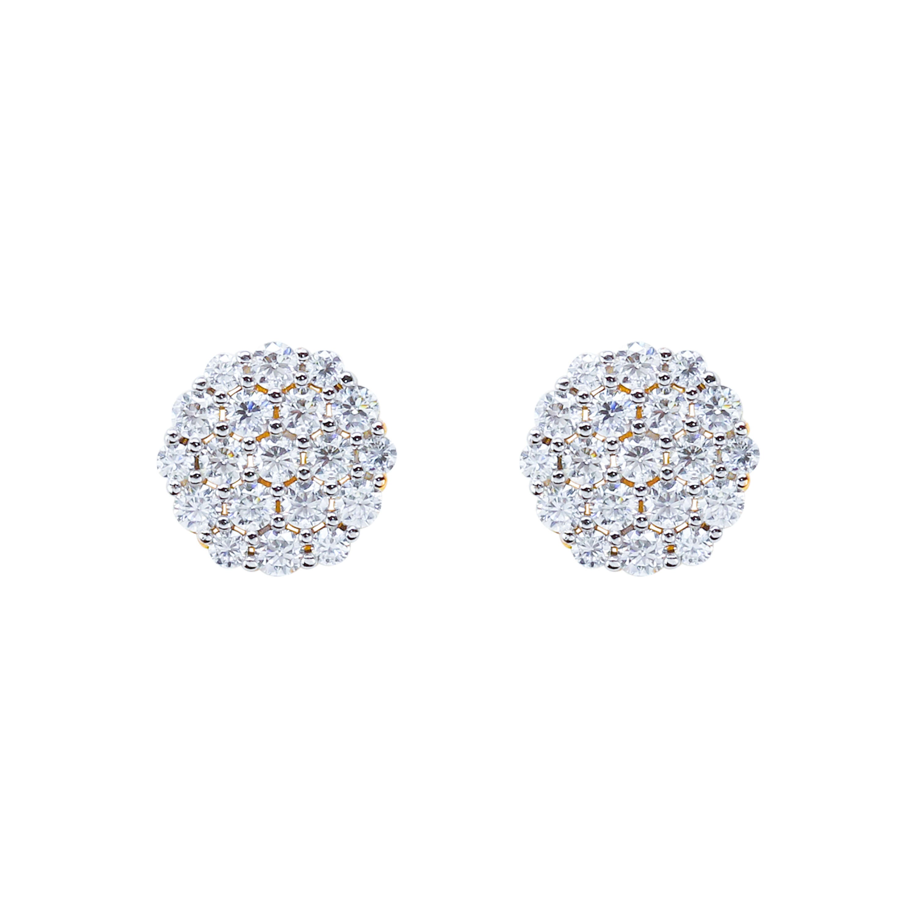 9mm Moissanite cluster earrings in sterling silver shown in bright studio lighting.