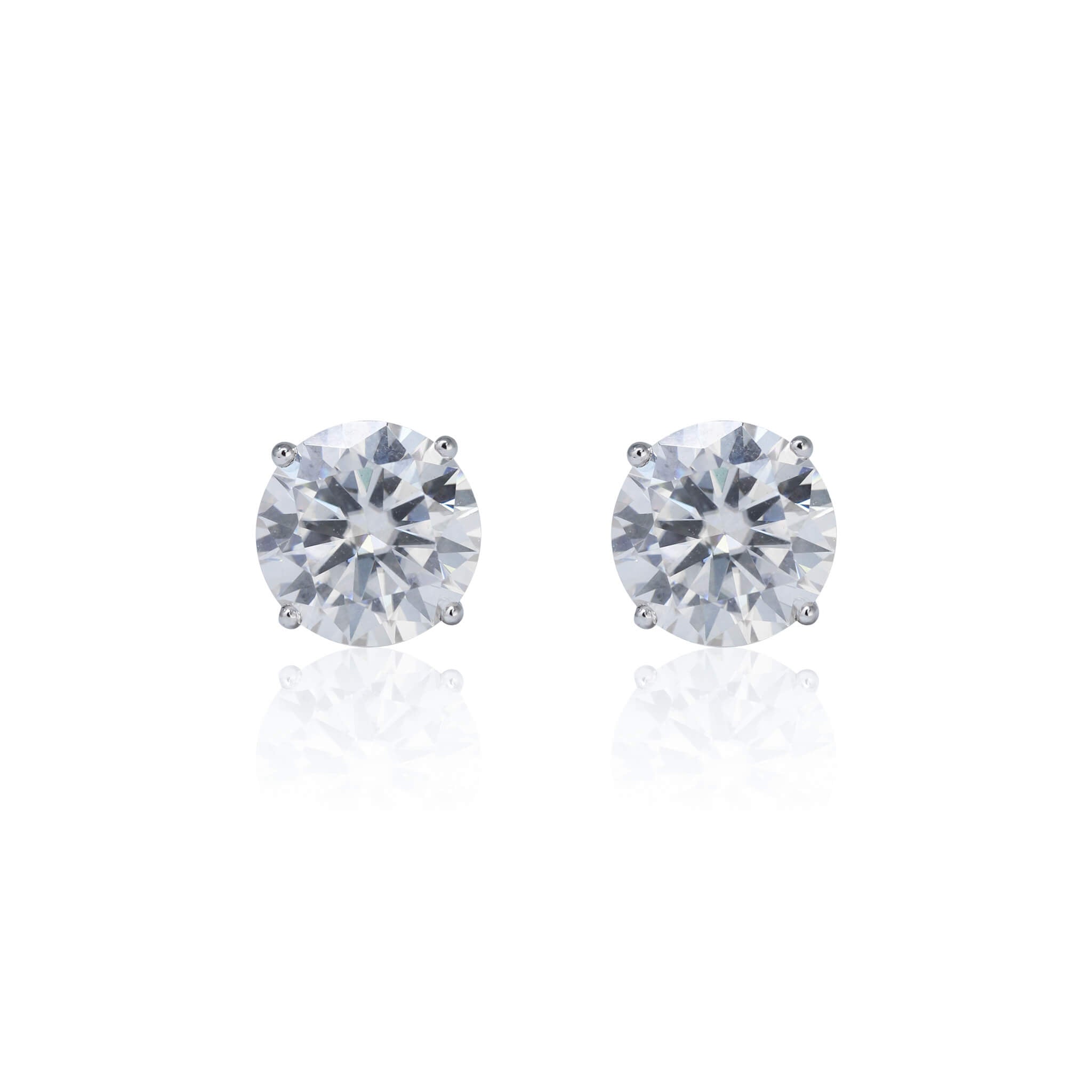 9mm moissanite stud earrings in sterling silver featuring round-cut 6.2ct stones, front view.