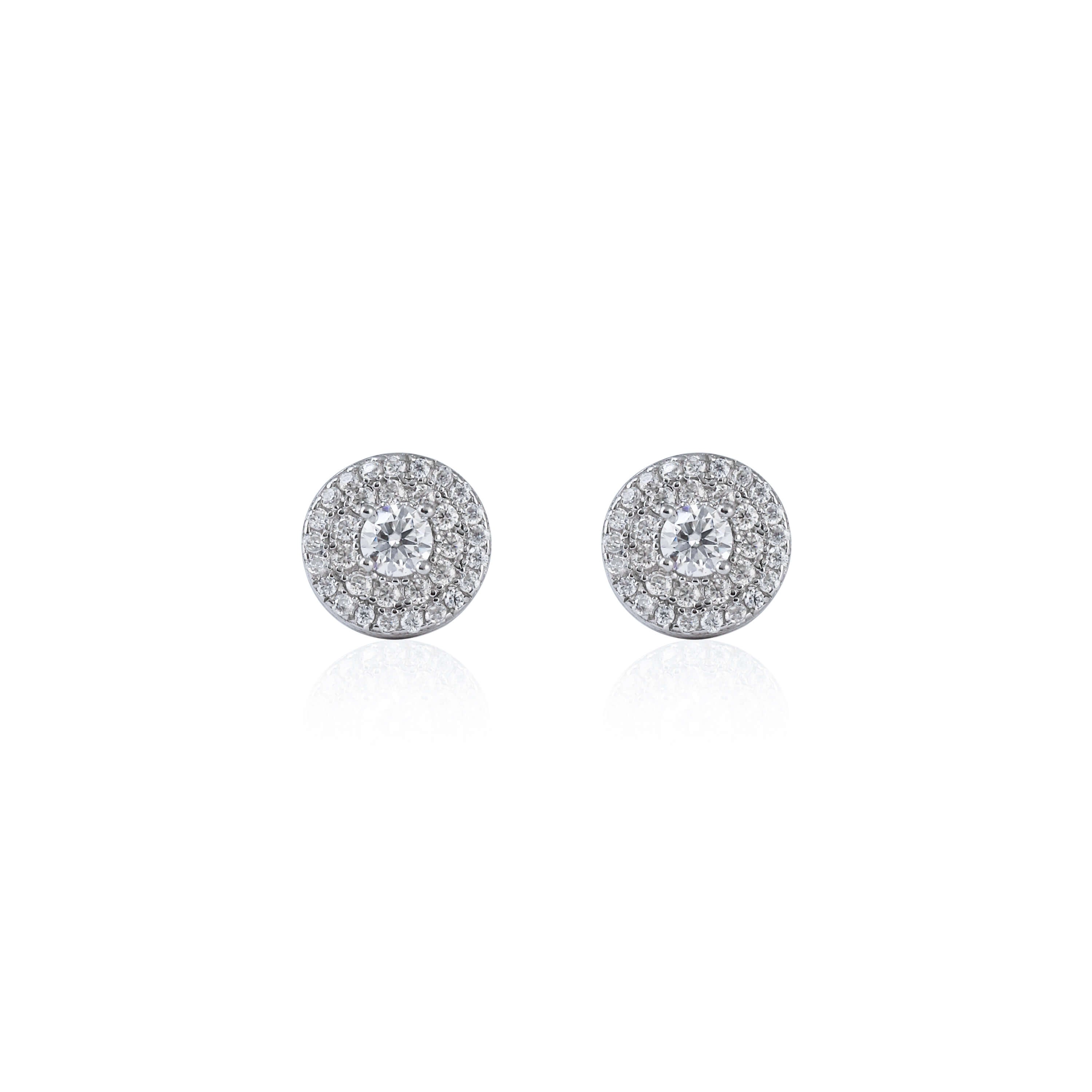 9mm round moissanite cluster earrings with halo diamonds in polished sterling silver studs.