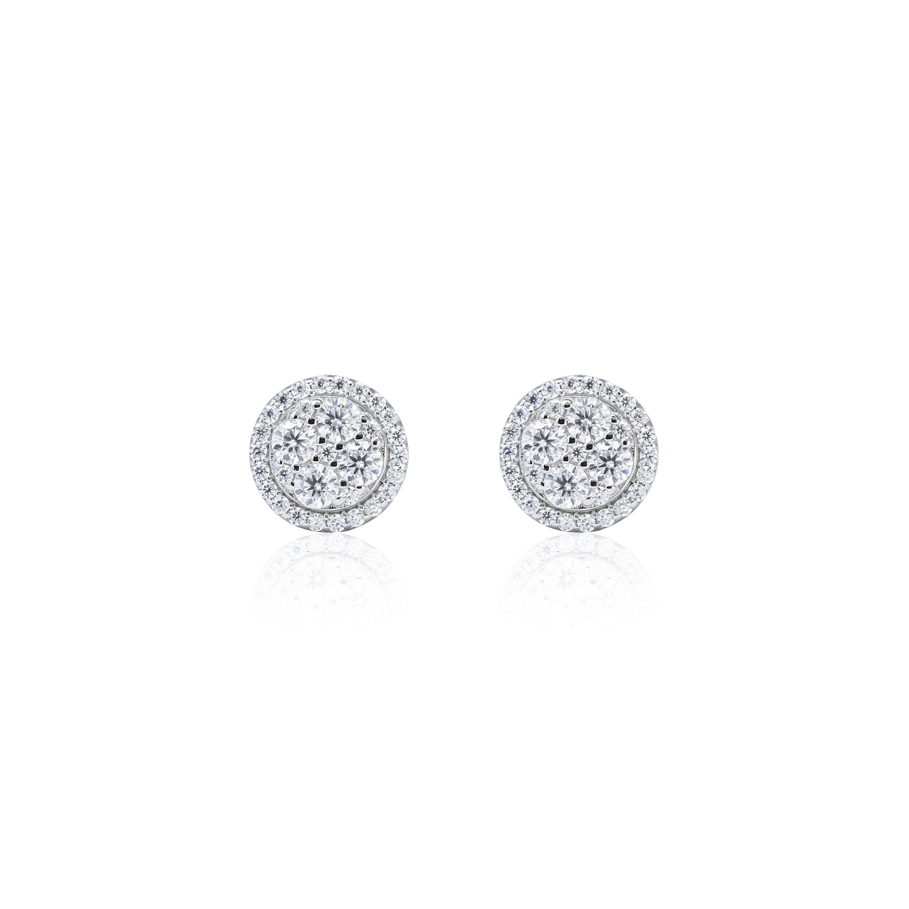 9mm round moissanite cluster earrings with double halo design in sterling silver, sparkling studs.