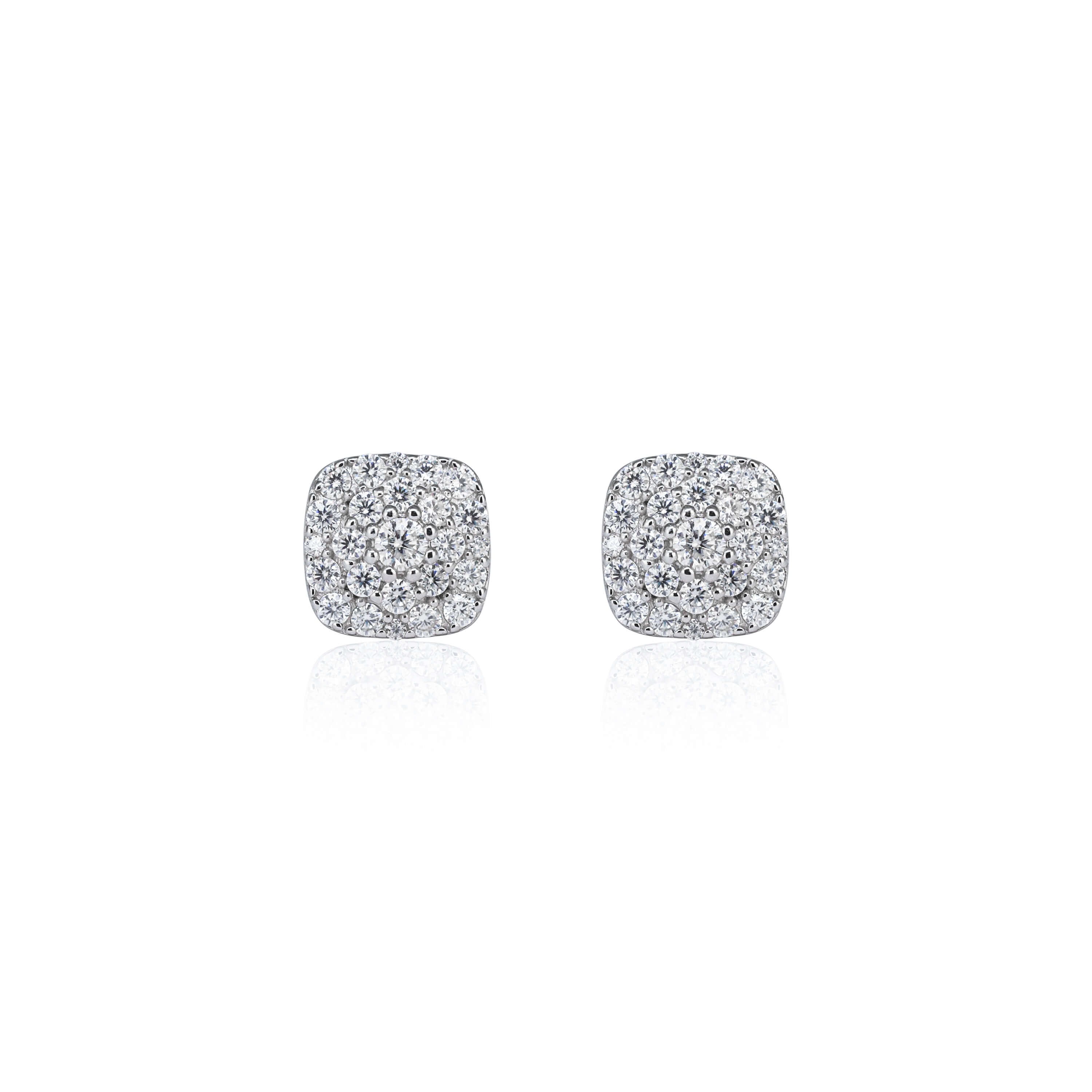 Front view of 9mm square moissanite cluster earrings with 0.98ct stones in sterling silver.