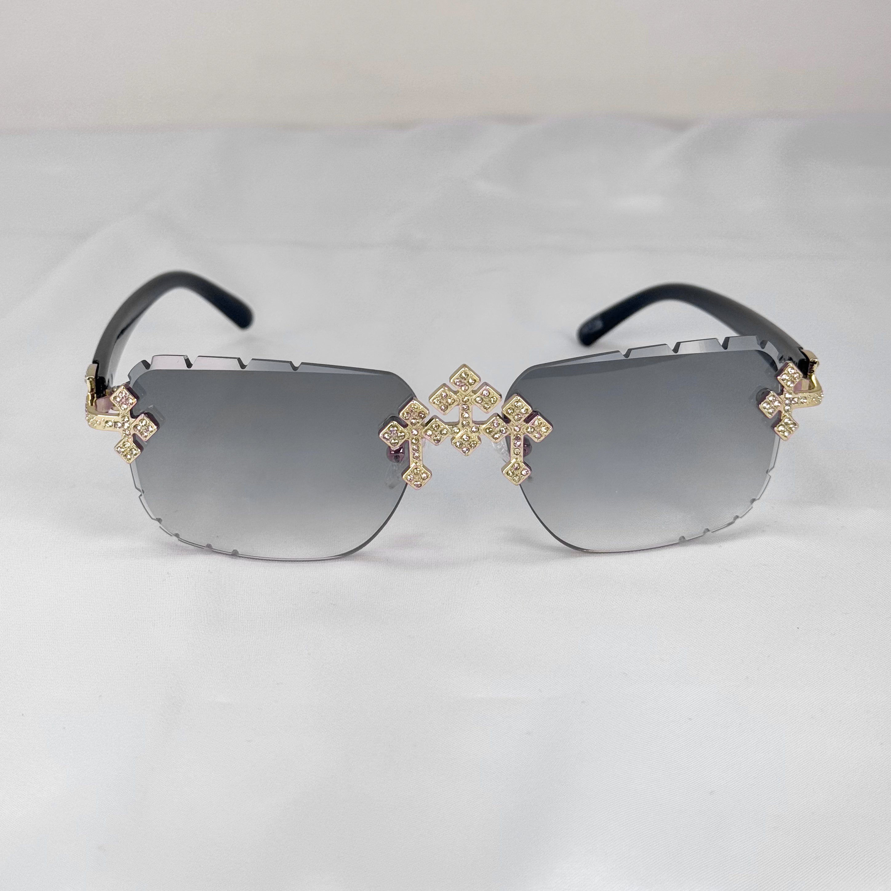 Triple Cross Iced-Out Sunglasses – Grey Statement Shades, Gold Bridge