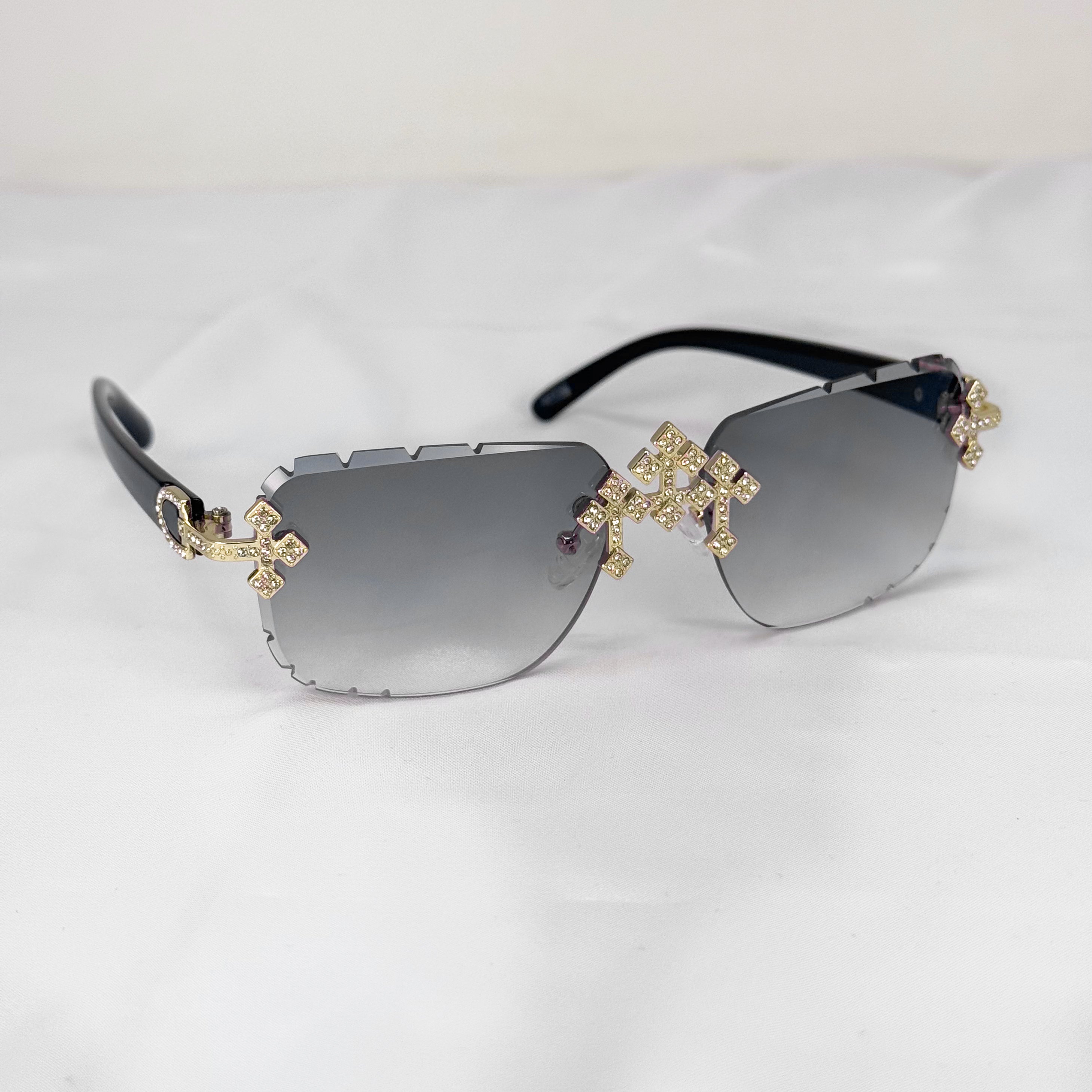 Triple Cross Iced-Out Sunglasses – Grey Statement Shades, Gold Bridge