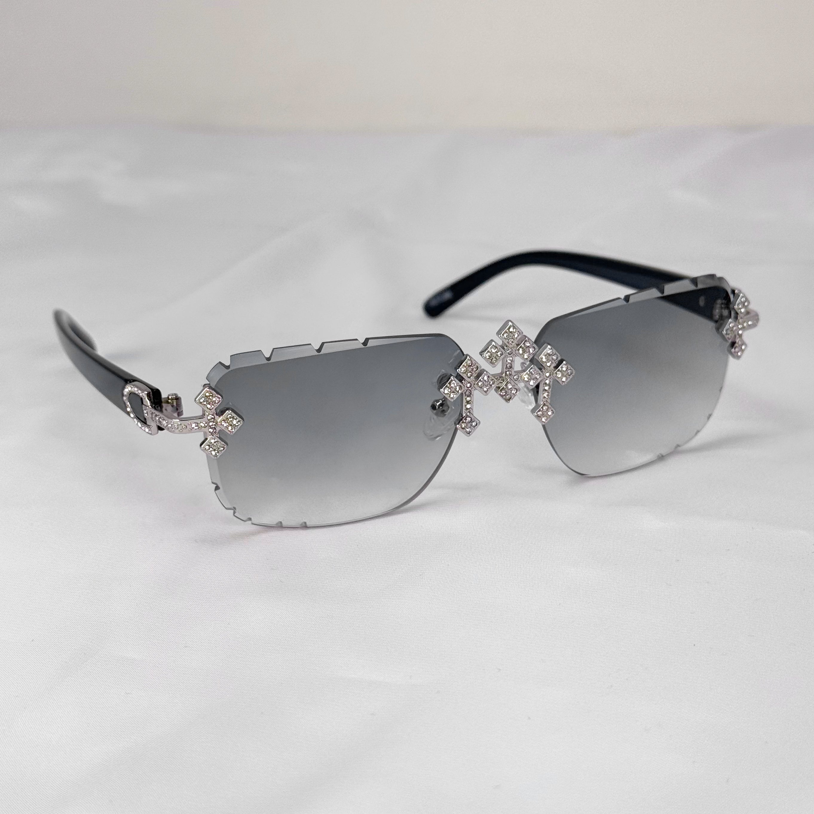 Triple Cross Iced-Out Sunglasses – Grey Statement Shades, Silver Bridge
