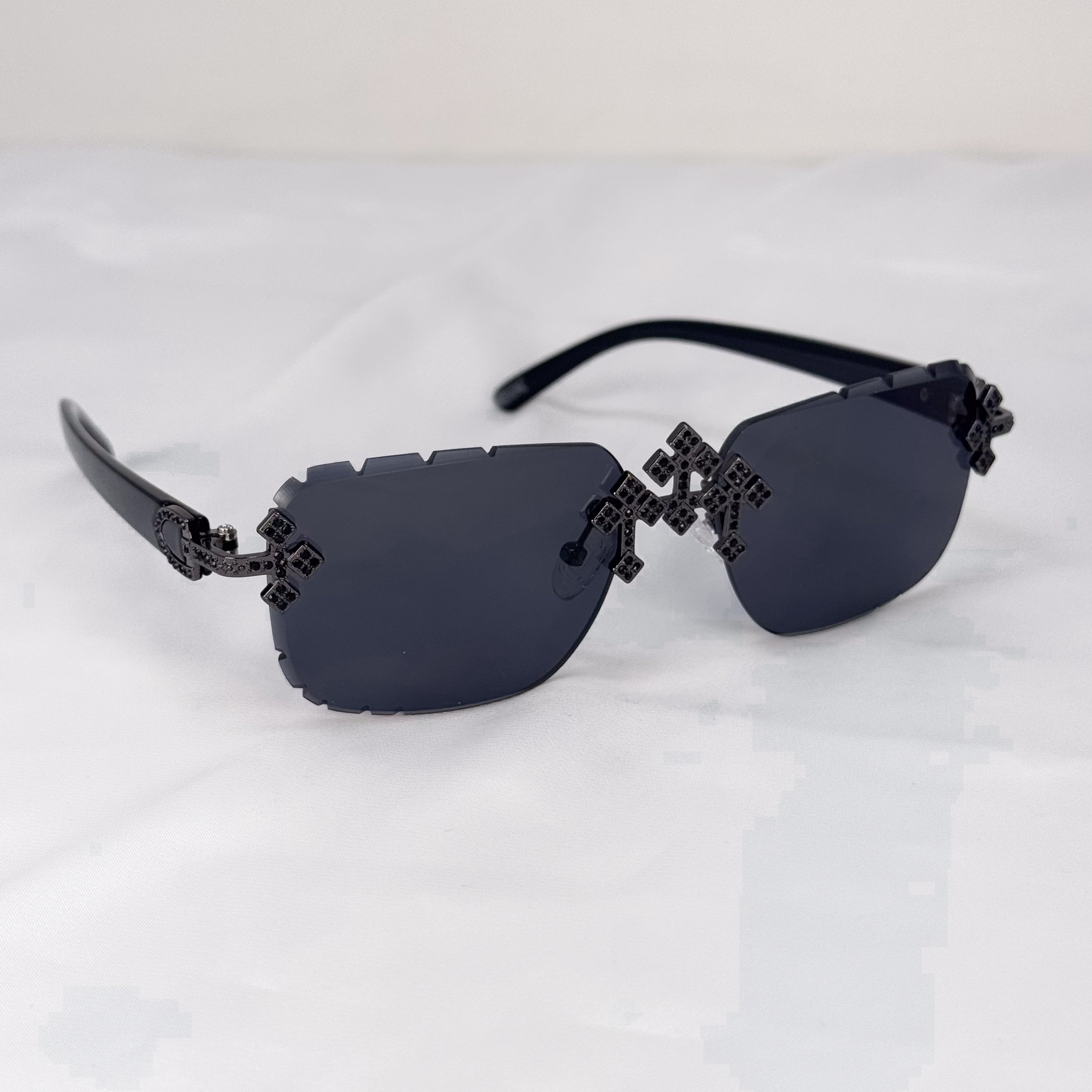 Triple Cross Iced-Out Sunglasses – Black Statement Shades, Black Temple