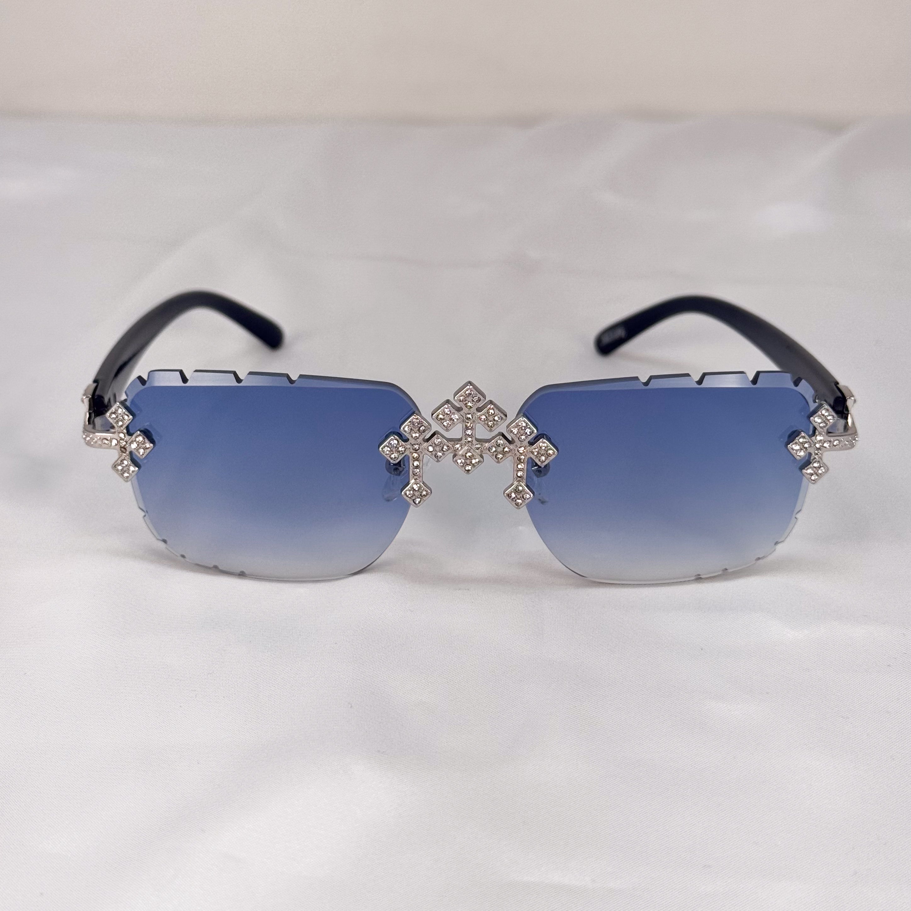 Triple Cross Iced-Out Sunglasses – Blue Statement Shades Black Temple