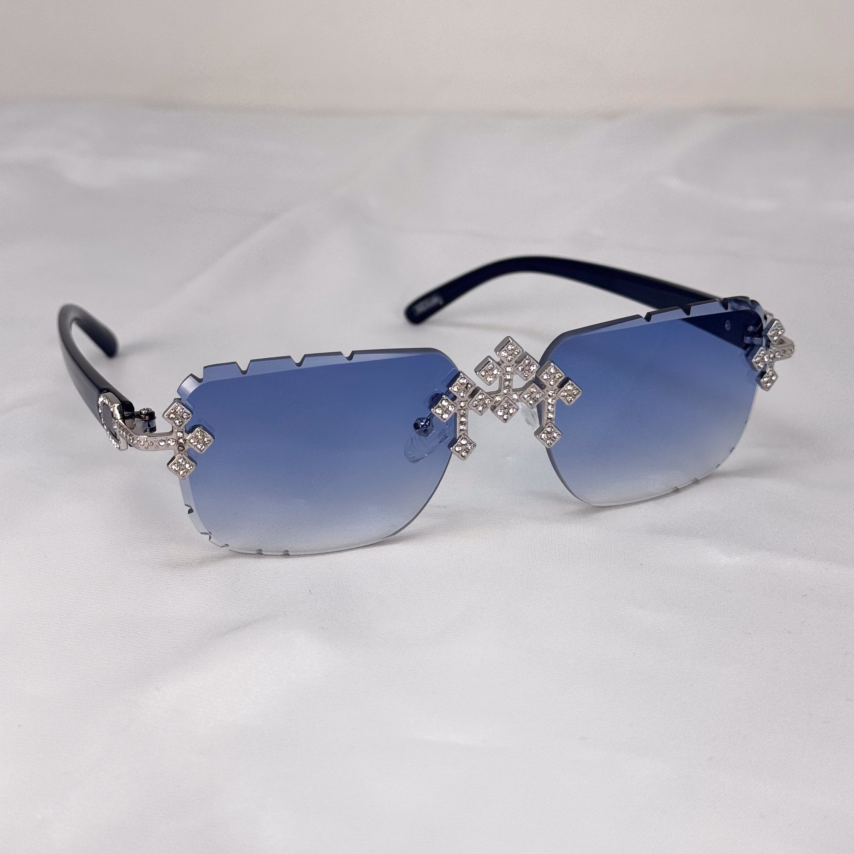 Triple Cross Iced-Out Sunglasses – Blue Statement Shades Black Temple