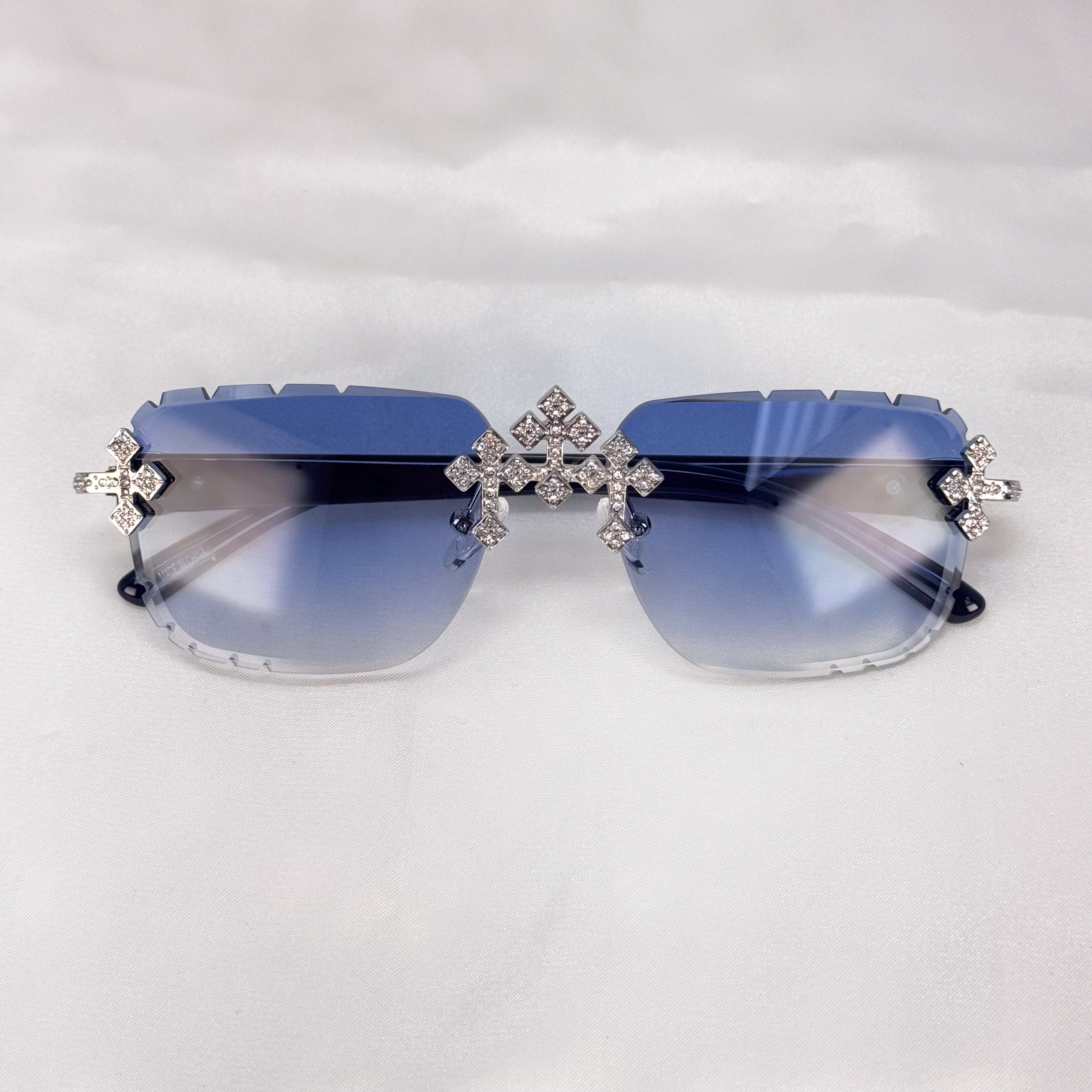 Triple Cross Iced-Out Sunglasses – Blue Statement Shades Black Temple