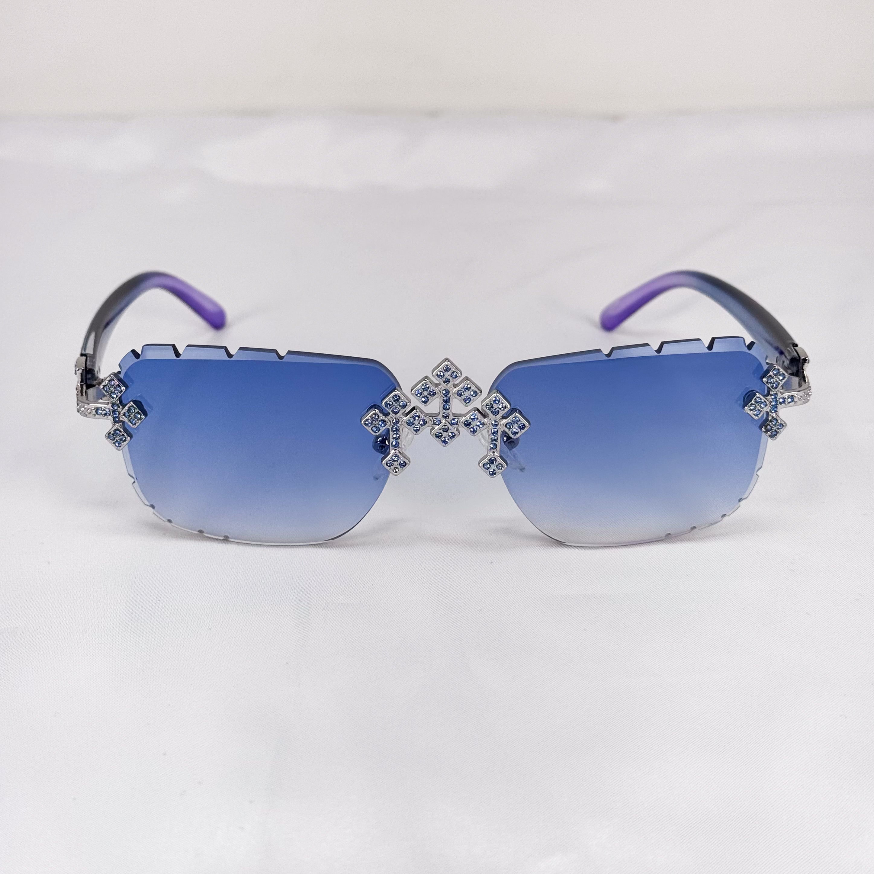Triple Cross Iced-Out Sunglasses – Blue Statement Shades, Blue Temple