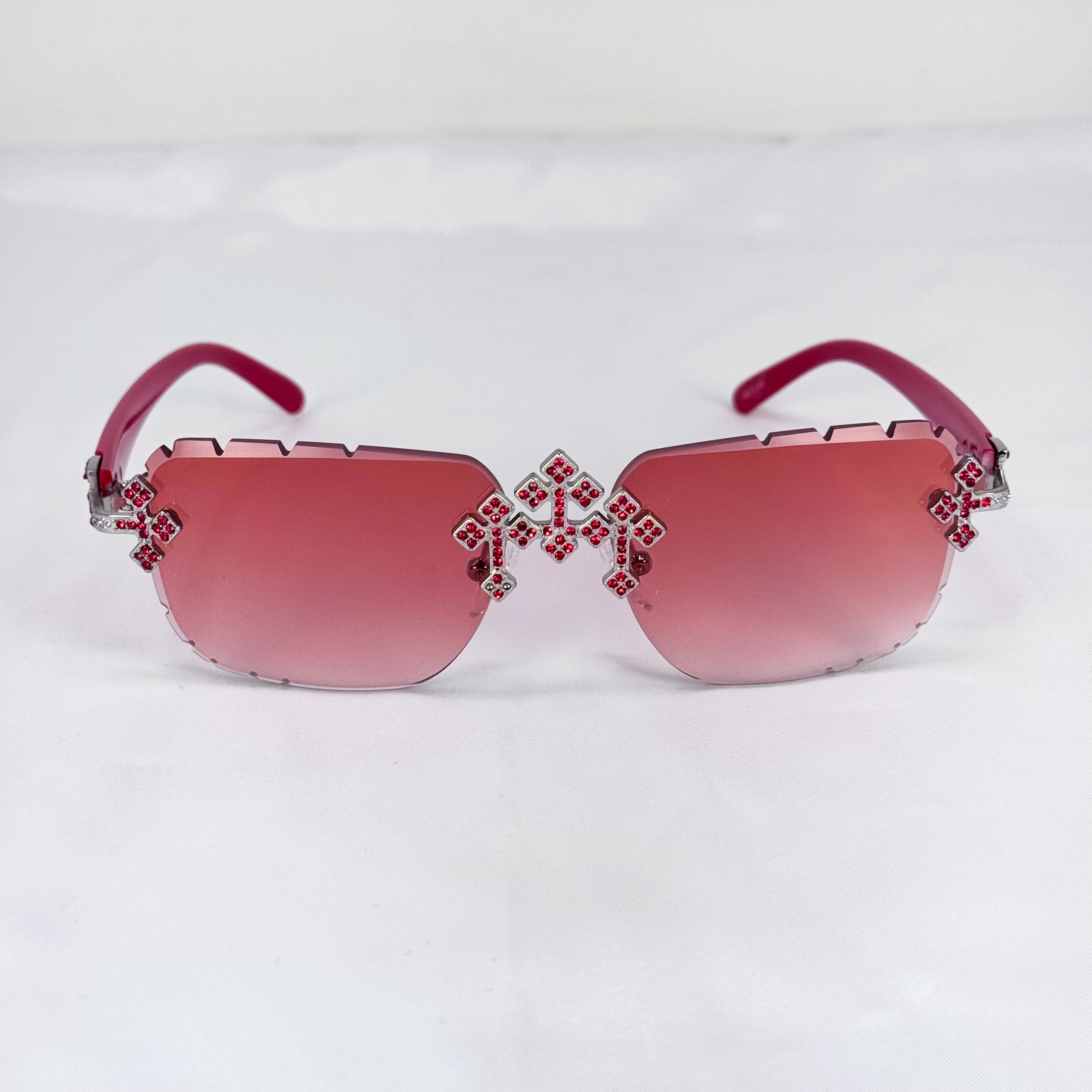 Triple Cross Iced-Out Sunglasses – Red Statement Shades, Red Temple