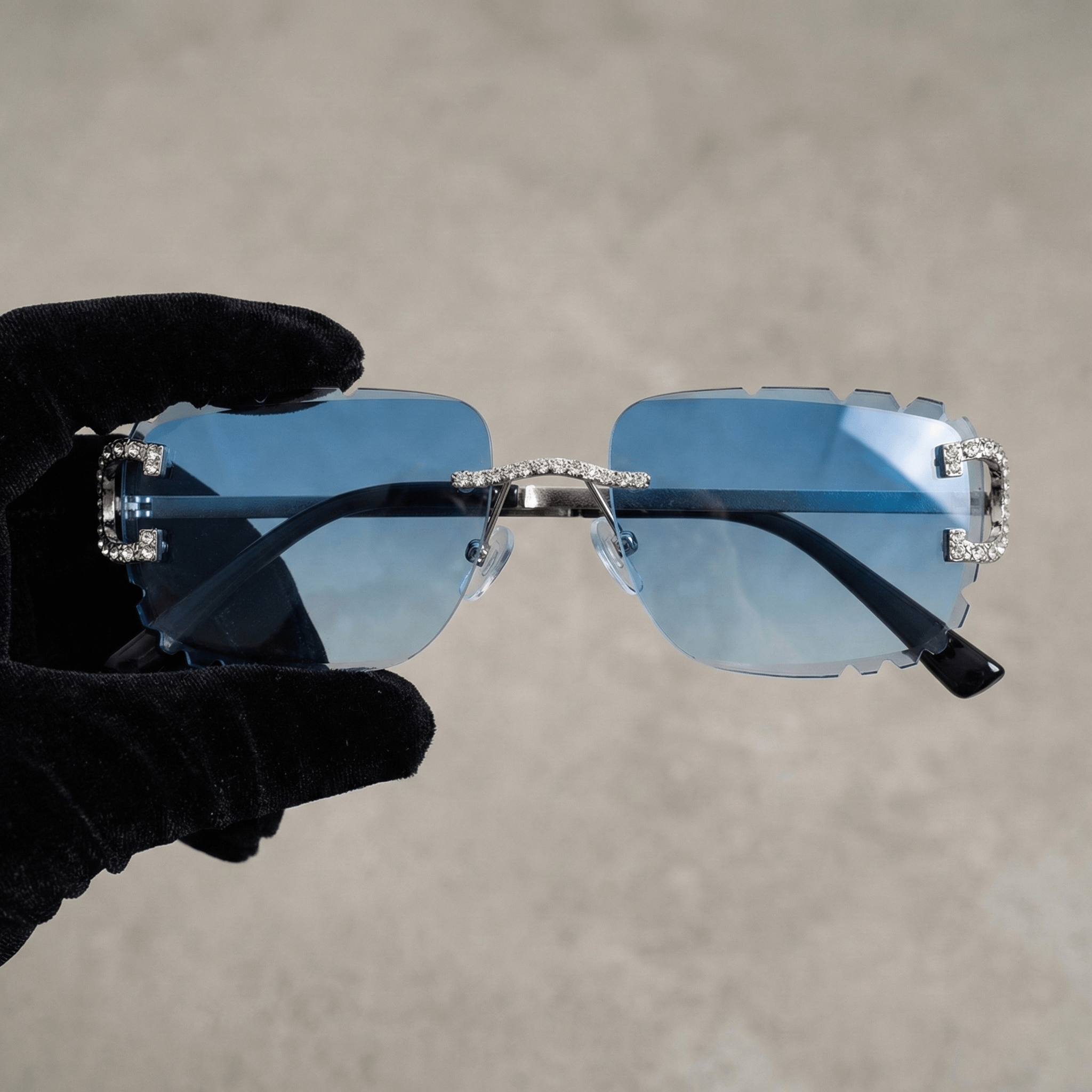 Iced Out Rimless Sunglasses - Blue Lens