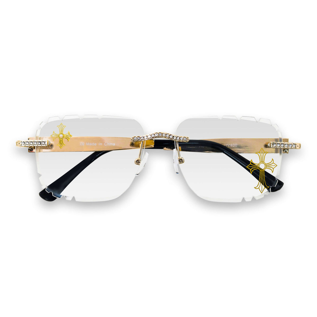Iced Out Double Cross Sunglasses - Clear Lens