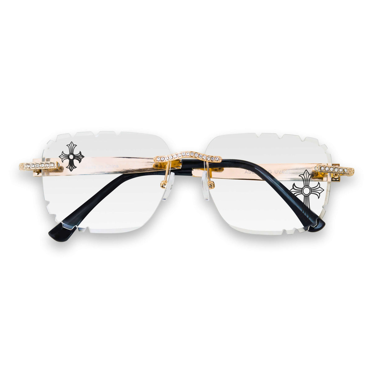 Iced Out Double Cross Sunglasses - Clear Lens, Black
