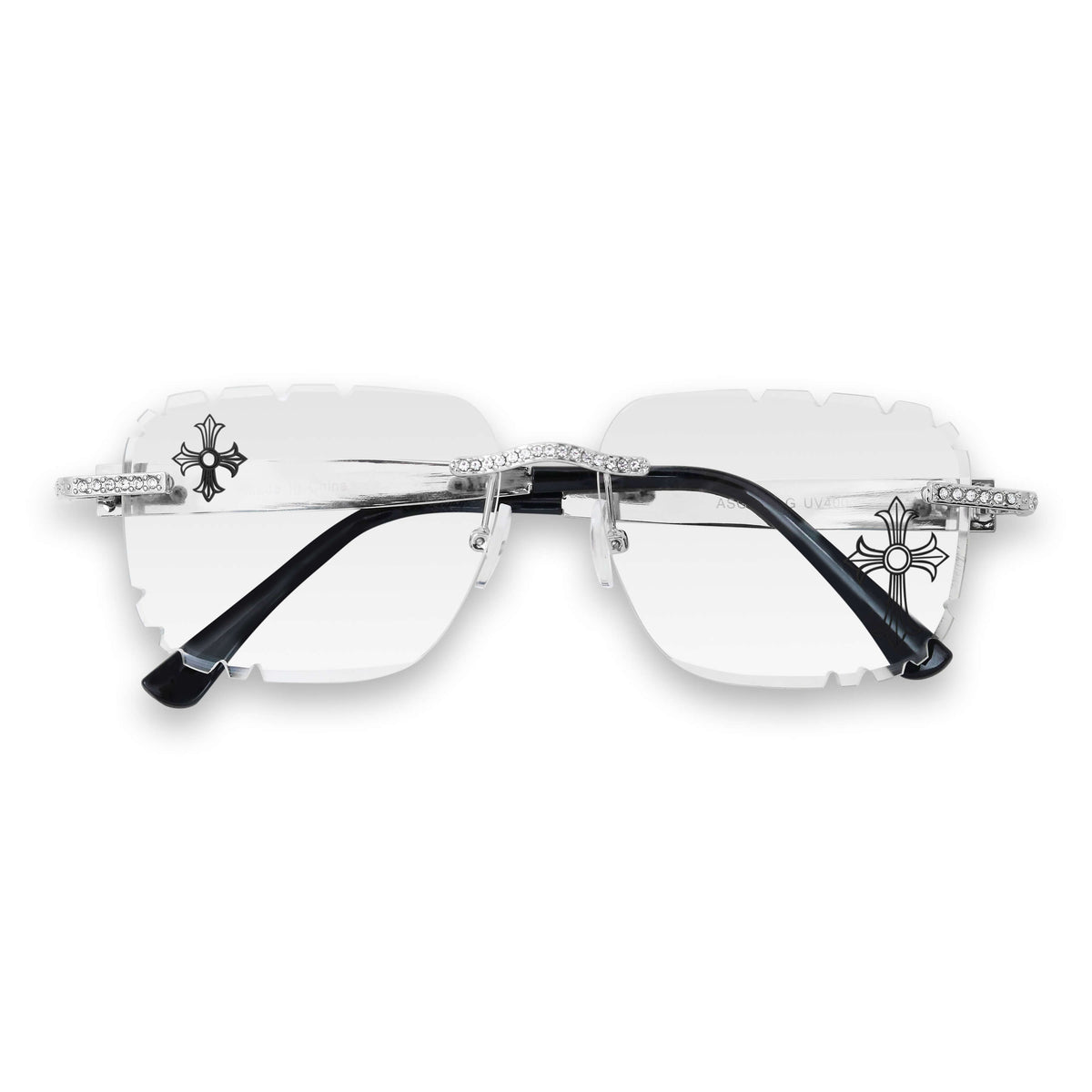 Iced Out Double Cross Sunglasses - Clear Lens, Black